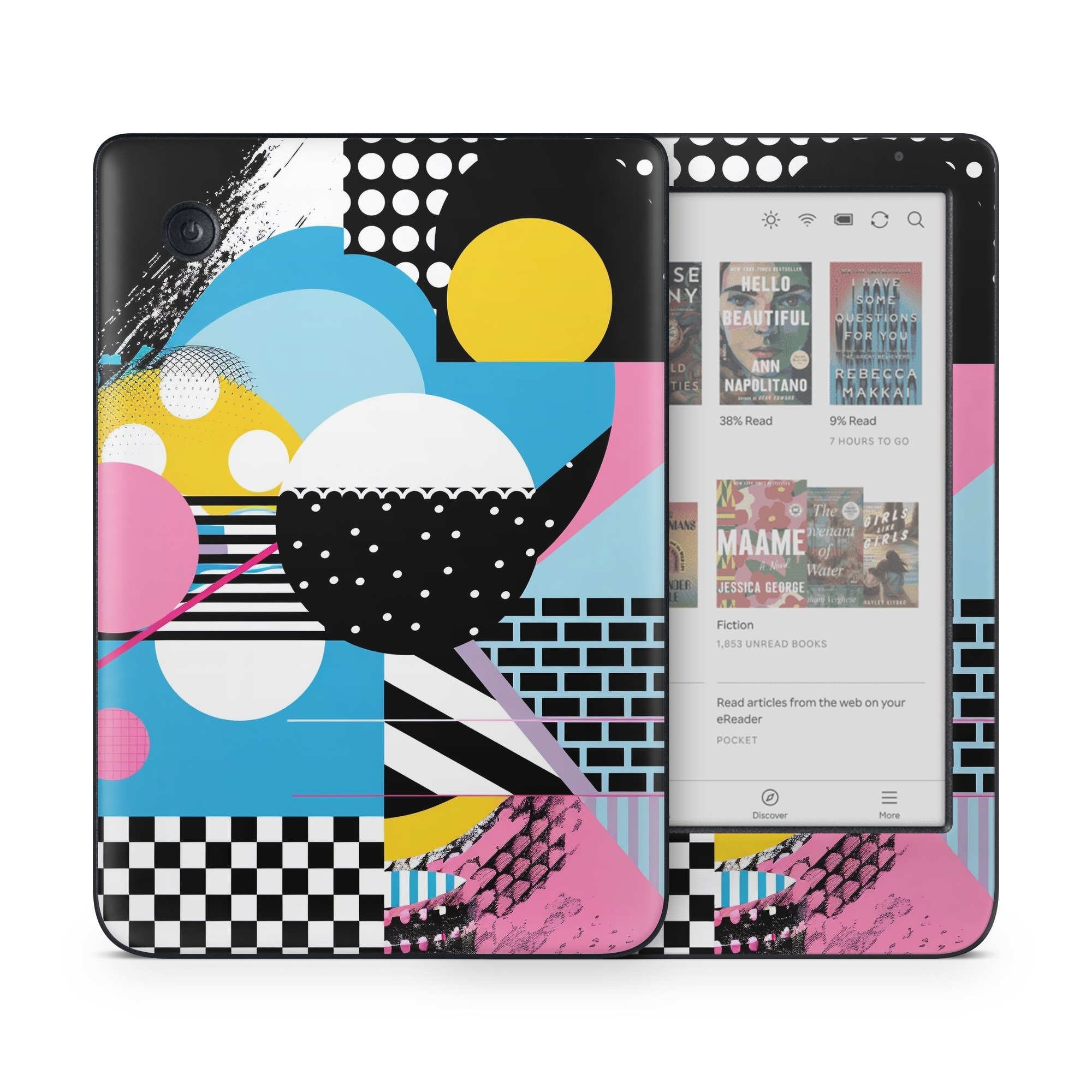 Kobo Clara Colour Skin design of White, Yellow, Art, Font, Pattern, Circle, Design, Creative arts, Graphics, Electric blue, with blue, pink, white, black, yellow colors