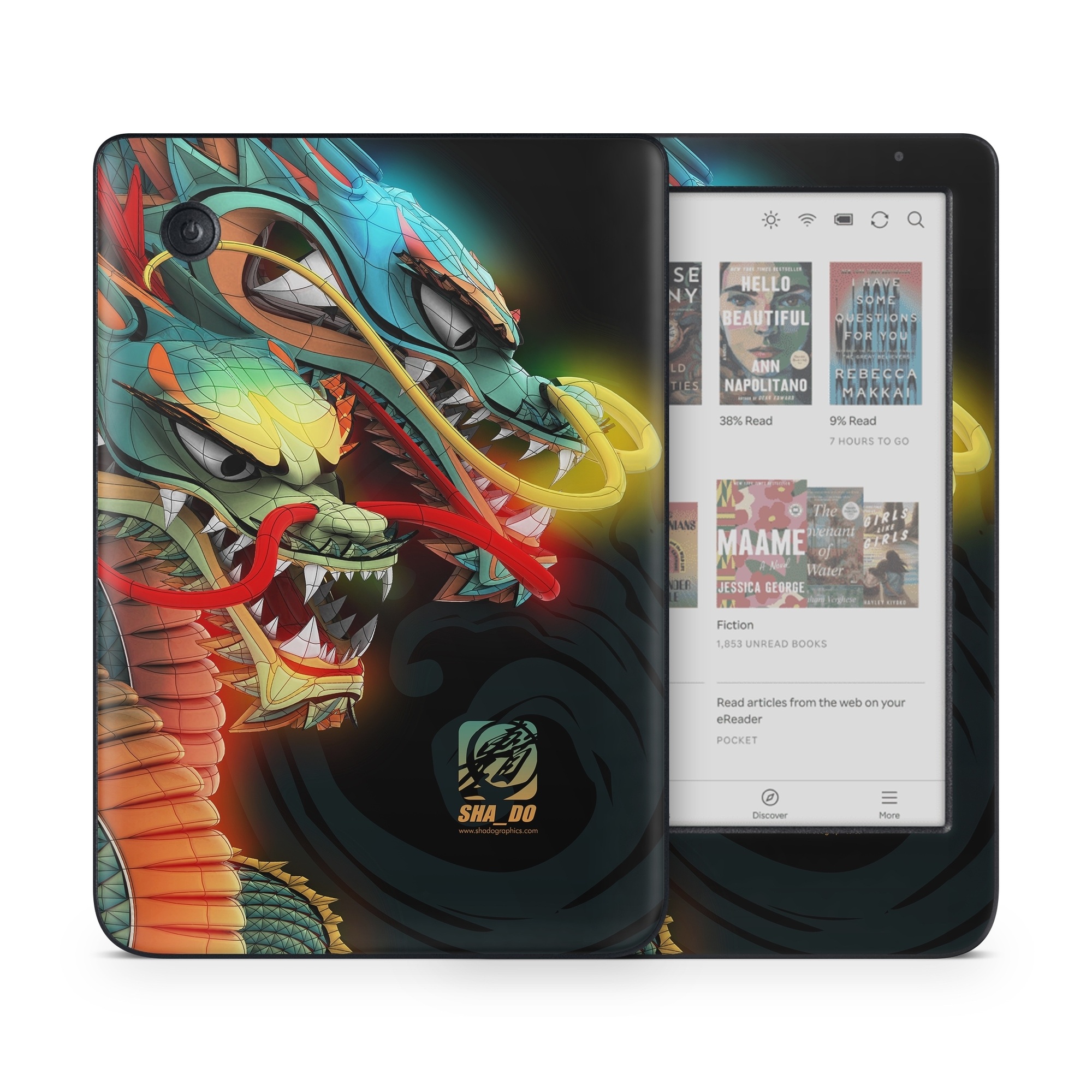 Kobo Clara Colour Skin design of Dragon, Fictional character, Illustration, Art, Cg artwork, Fiction, Mythical creature, Graphics, with black, green, red, yellow, orange colors