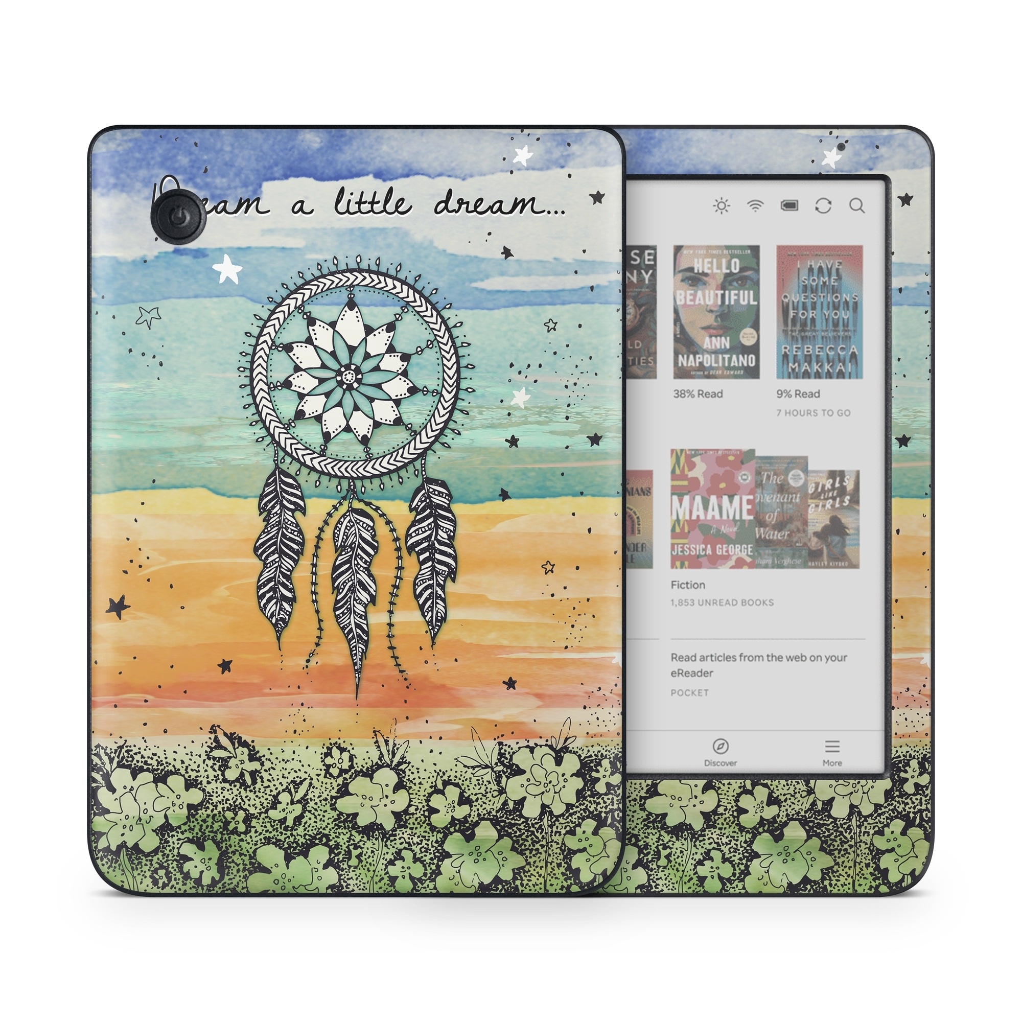 Kobo Clara Colour Skin design of Text, Sky, Font, Illustration, Plant, Art, Wildflower, sunflower, Graphics, with blue, green, yellow, orange, black colors