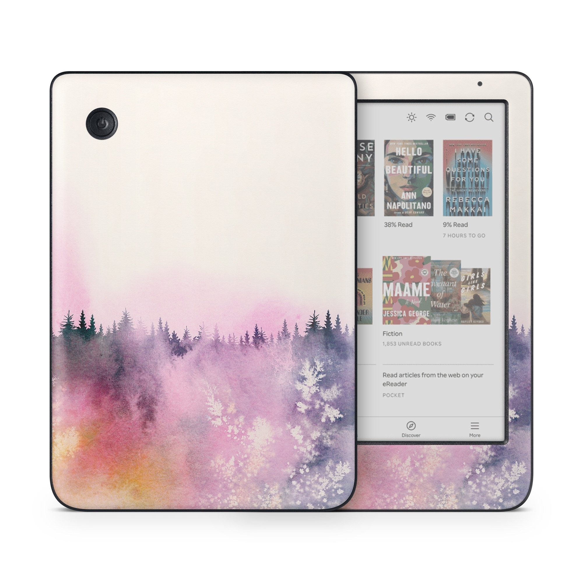 Kobo Clara Colour Skin design of Watercolor paint, Sky, Atmospheric phenomenon, Tree, Atmosphere, Cloud, Landscape, Forest, Painting, Illustration, with white, yellow, pink, purple, blue, black colors