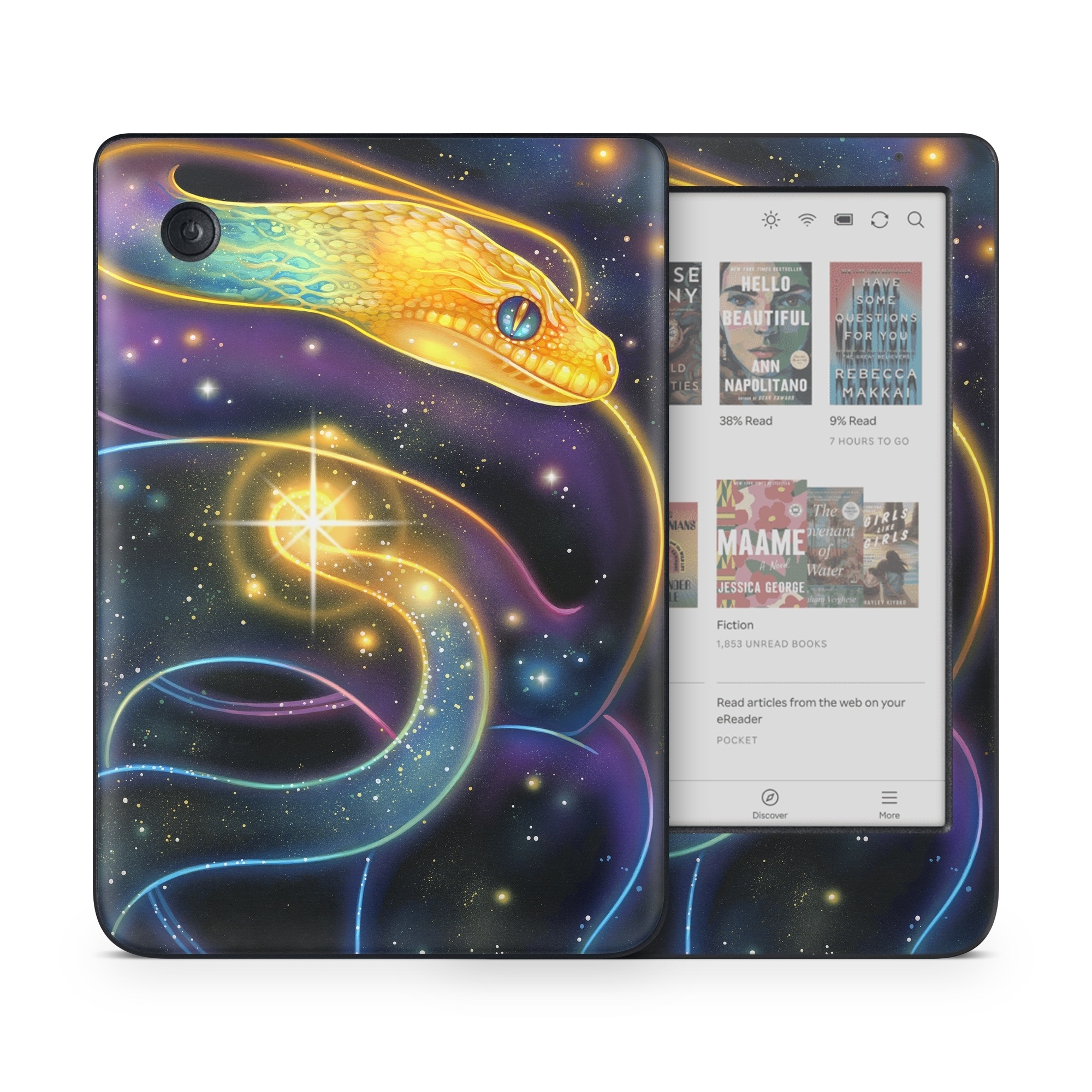 Kobo Clara Colour Skin design of Atmosphere, Light, Organism, Art, Font, Astronomical object, Galaxy, Star, Science, Nebula, with black, white, yellow, orange, green, purple colors