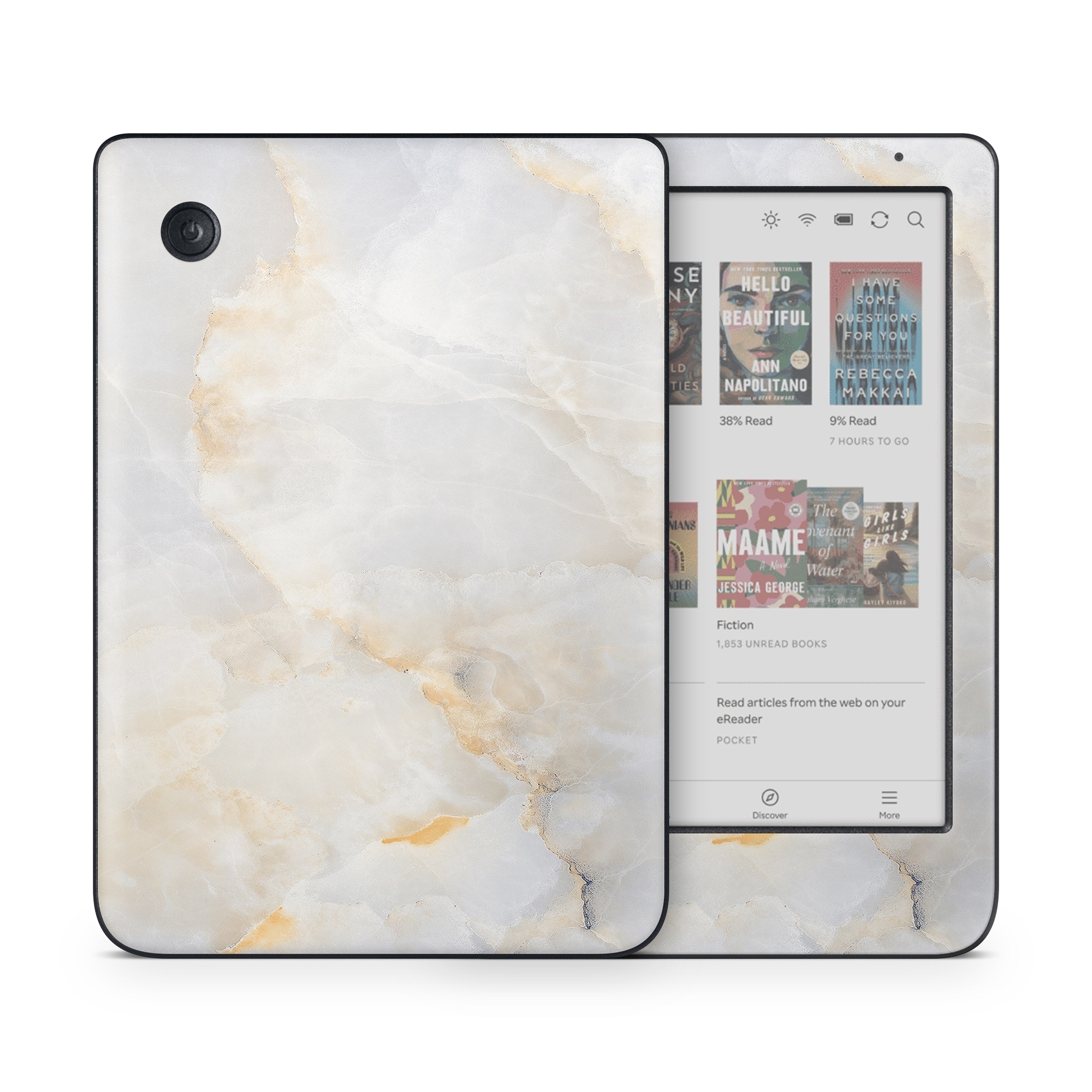 Kobo Clara Colour Skin design of White, Textile, Flooring, Marble, Paper, Pattern, Fashion accessory, Tile, with white, orange, black, yellow colors