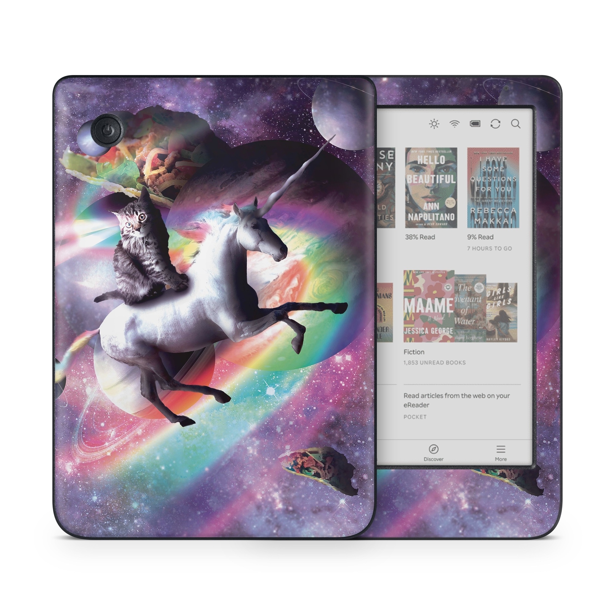 Kobo Clara Colour Skin design of Illustration, Graphic design, Fictional character, Space, Sky, Astronomical object, Universe, Outer space, Art, Unicorn, with black, white, gray, red, yellow, green, blue, orange colors