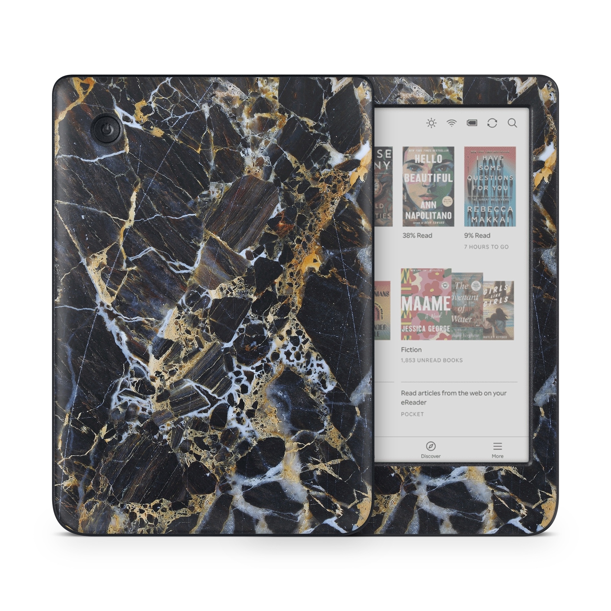 Kobo Clara Colour Skin design of Black, Yellow, Rock, Brown, Marble, Water, Close-up, Granite, Pattern, Geology, with black, white, orange, gray, yellow colors