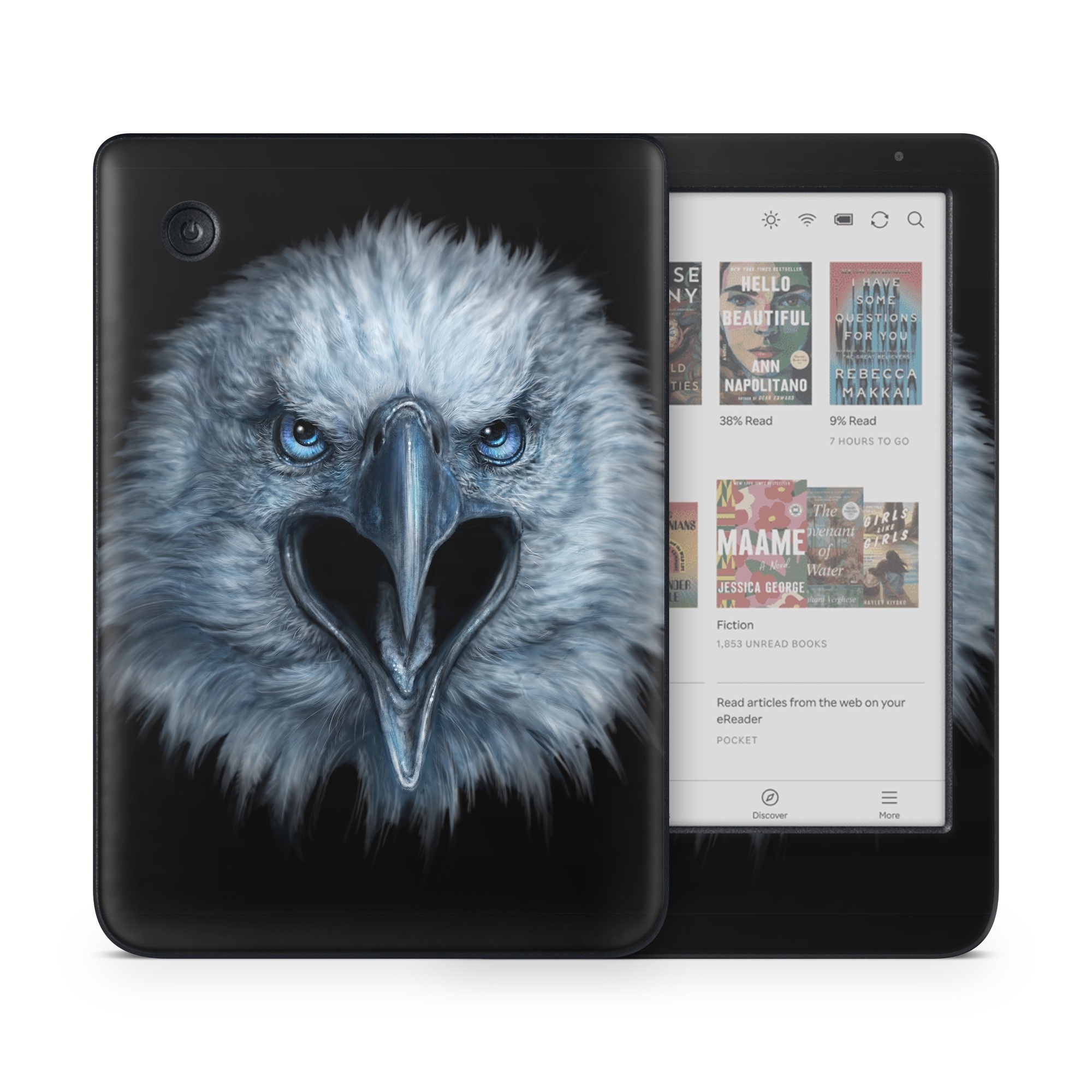 Kobo Clara Colour Skin design of Bird, Vertebrate, Bird of prey, Beak, Eagle, Wildlife, Organ, Close-up, Eye, Accipitriformes, with white, gray, black, blue colors