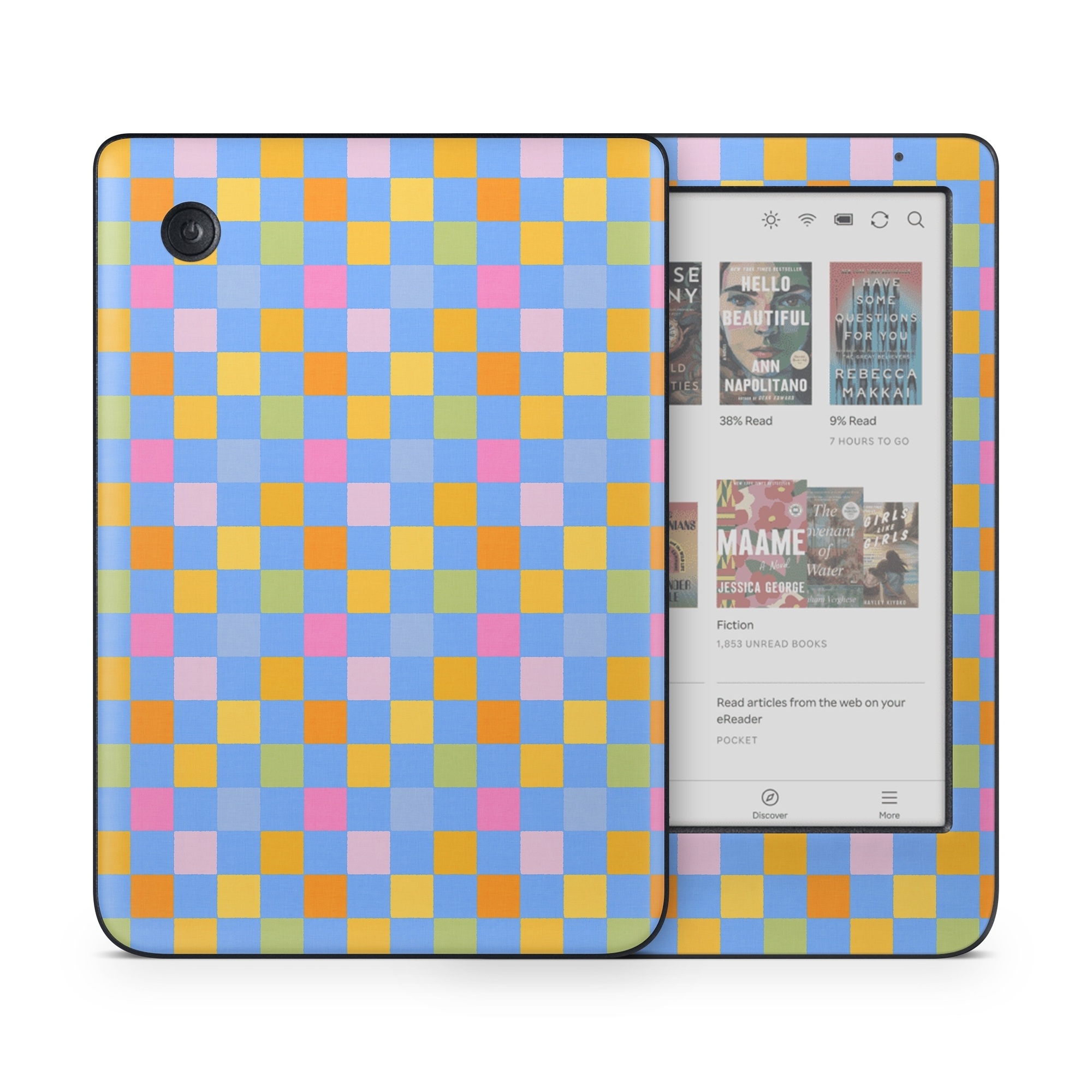 Kobo Clara Colour Skin design of Rectangle, Azure, Textile, Orange, Aqua, Font, Symmetry, Magenta, Tints and shades, Parallel, with blue, yellow, orange, green, pink colors