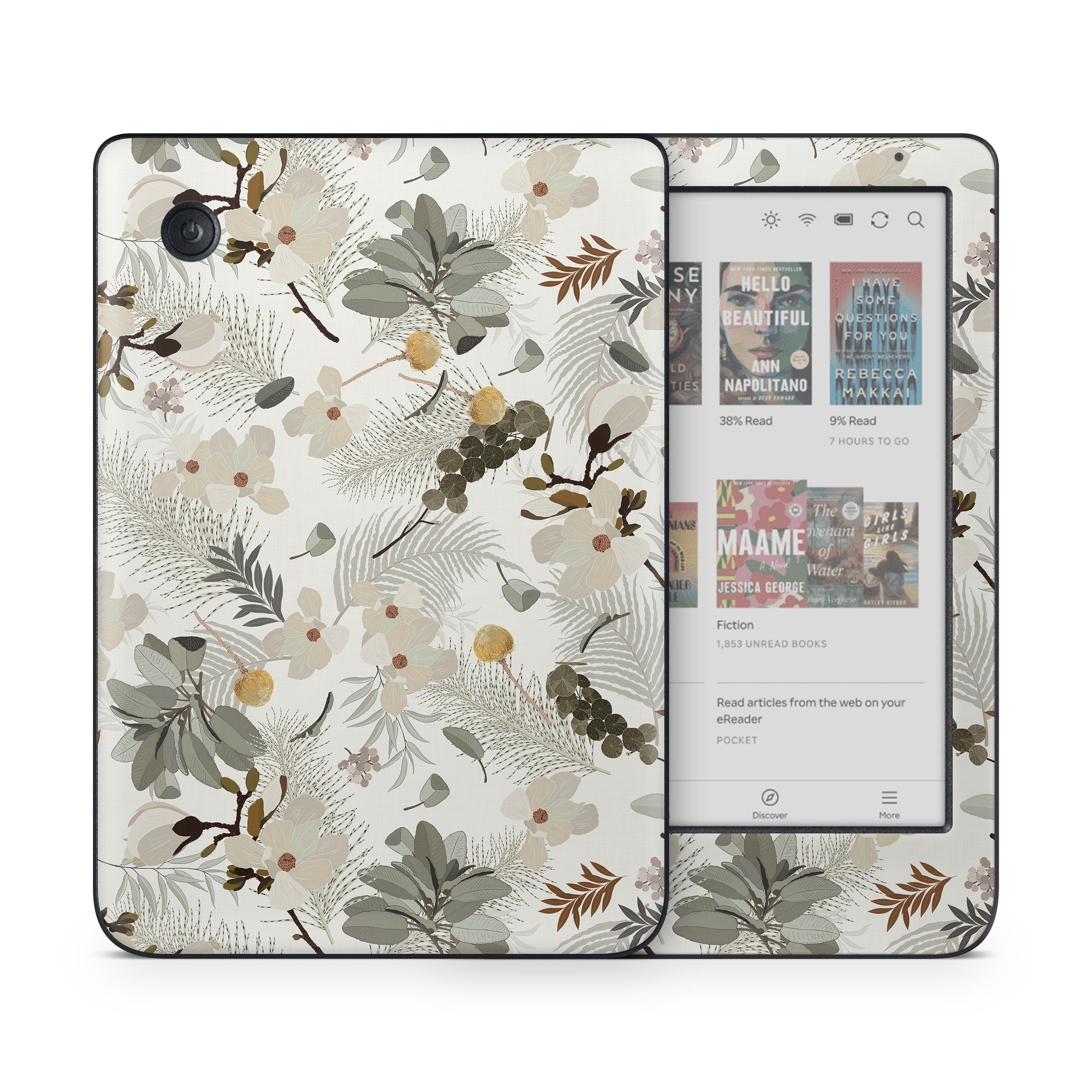 Kobo Clara Colour Skin design of Branch, Botany, Twig, Plant, Textile, Organism, Art, Creative arts, Pattern, Tints and shades, with white, green, yellow, brown, gray colors