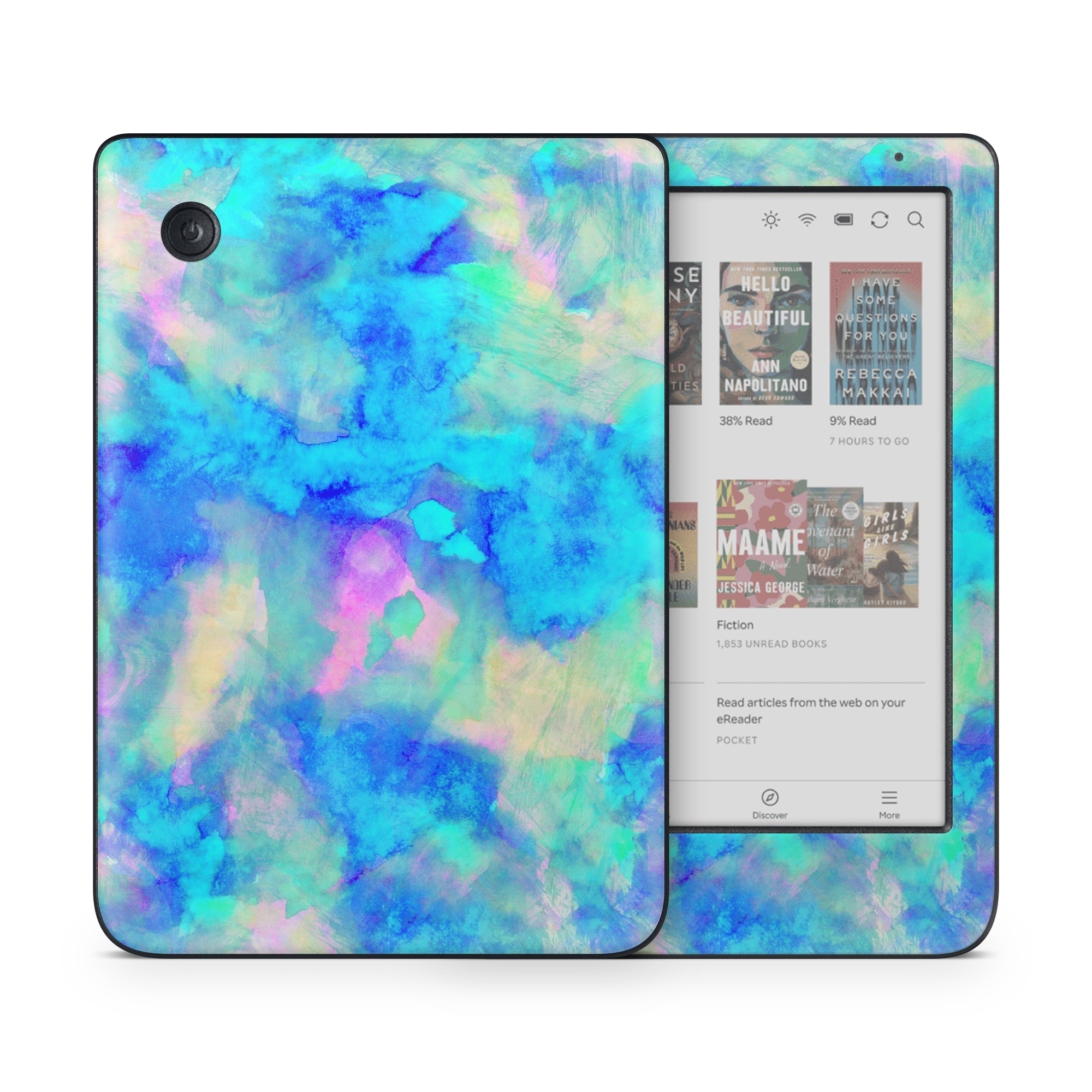 Kobo Clara Colour Skin design of Blue, Turquoise, Aqua, Pattern, Dye, Design, Sky, Electric blue, Art, Watercolor paint, with blue, purple colors