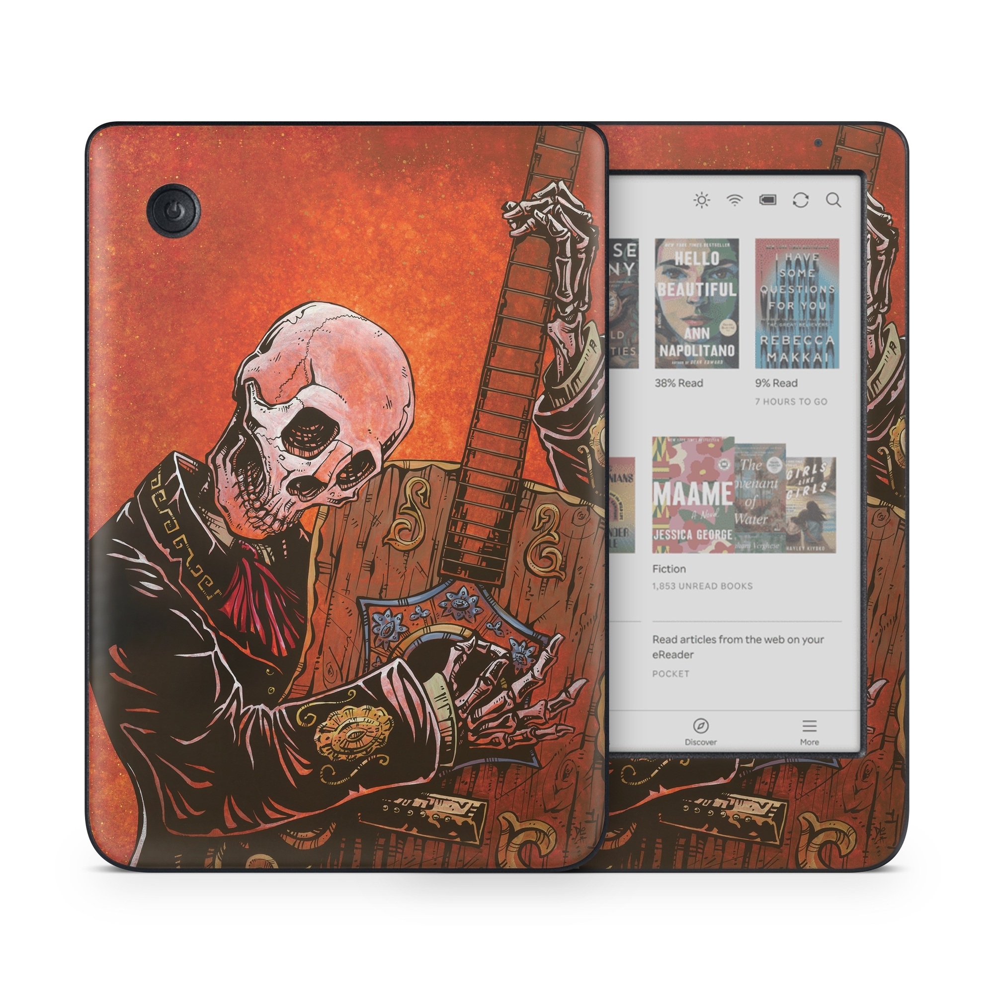Kobo Clara Colour Skin design of Sleeve, Art, Painting, Personal protective equipment, Artist, Music, Font, Visual arts, Drawing, Skull, with white, black, gray, brown, orange, yellow, red colors