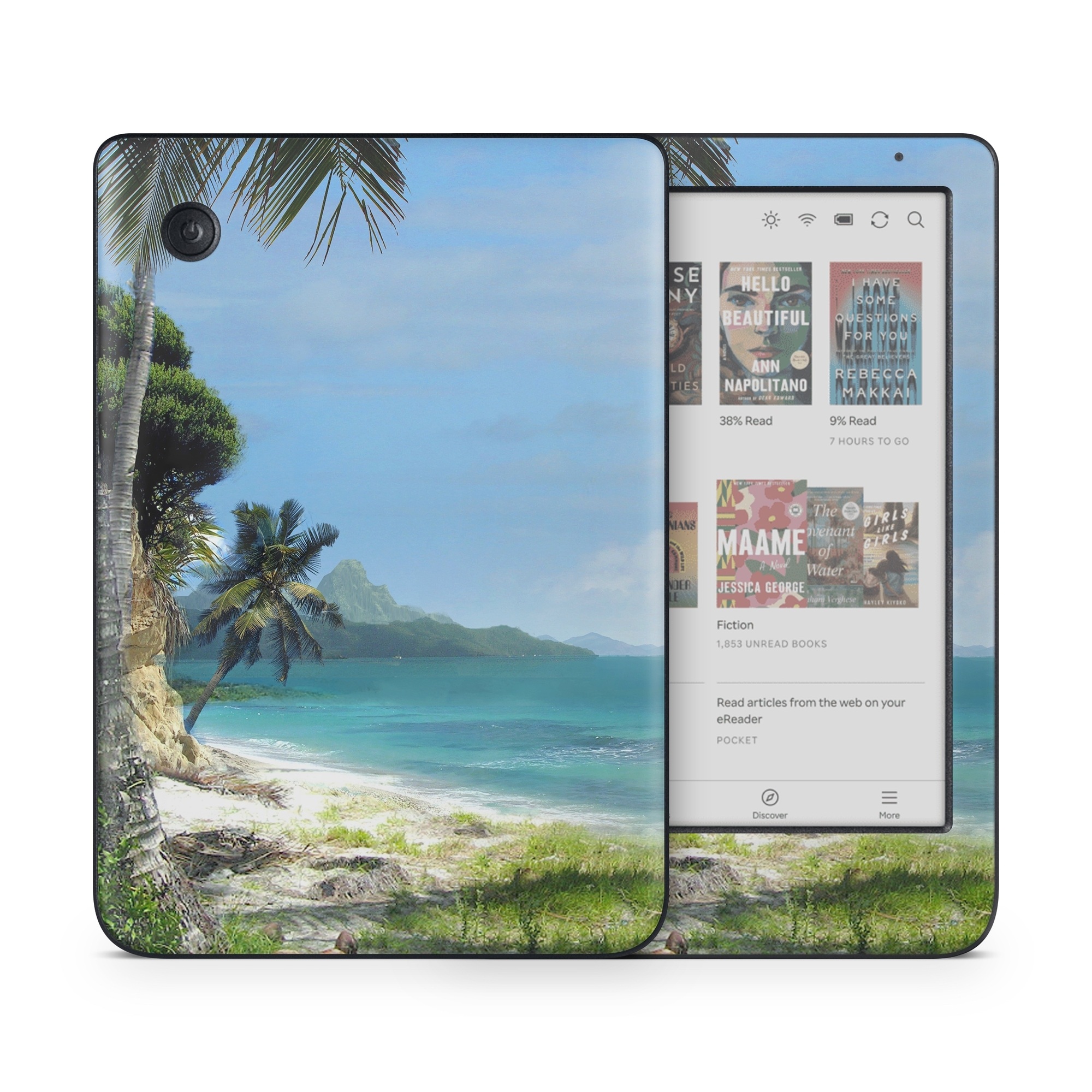 Kobo Clara Colour Skin design of Body of water, Tropics, Nature, Natural landscape, Shore, Coast, Caribbean, Sea, Tree, Beach, with gray, black, blue, green colors