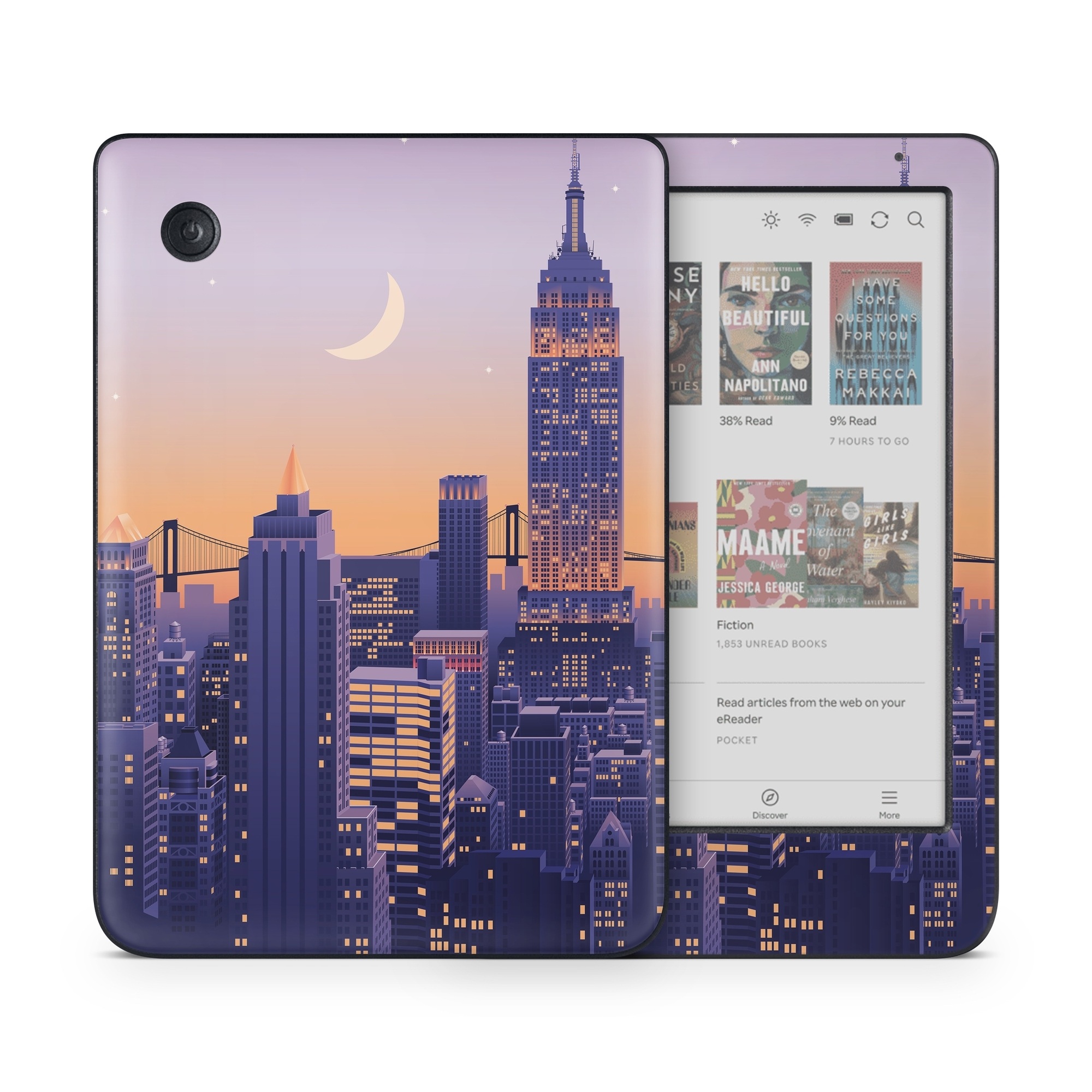 Kobo Clara Colour Skin design of Skyscraper, Building, Sky, Atmosphere, Moon, World, Nature, Tower, Afterglow, Dusk, with blue, purple, yellow, orange colors