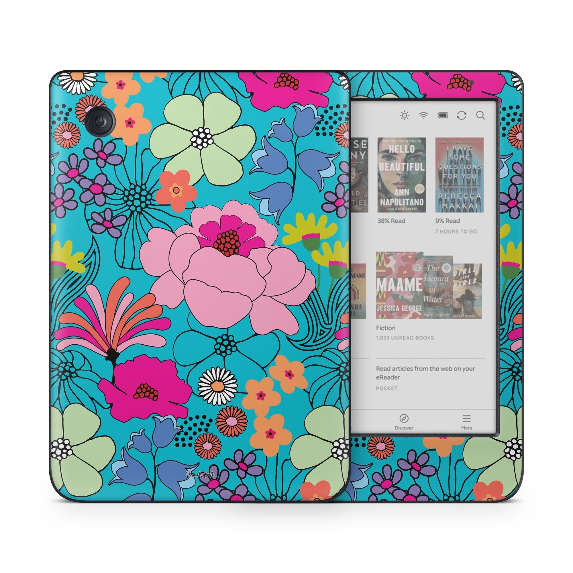Kobo Clara Colour Skin design of Flower, Green, Azure, Nature, Botany, Petal, Blue, Textile, Pink, Art, with blue, pink, yellow, orange, red, purple, green colors