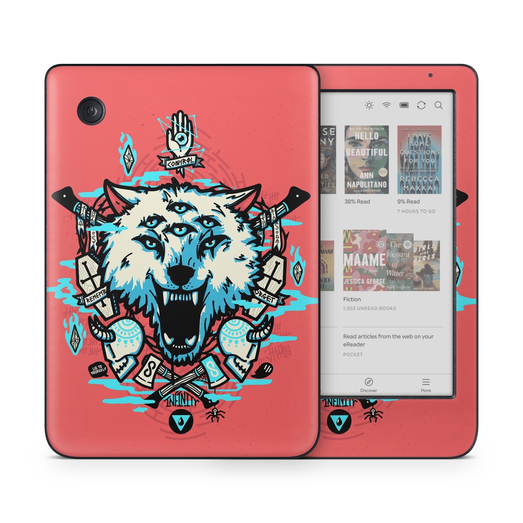 Kobo Clara Colour Skin design of Graphic design, Illustration, Crest, Logo, T-shirt, Symbol, Font, Graphics, Emblem, Pattern, with red, blue, black, gray colors