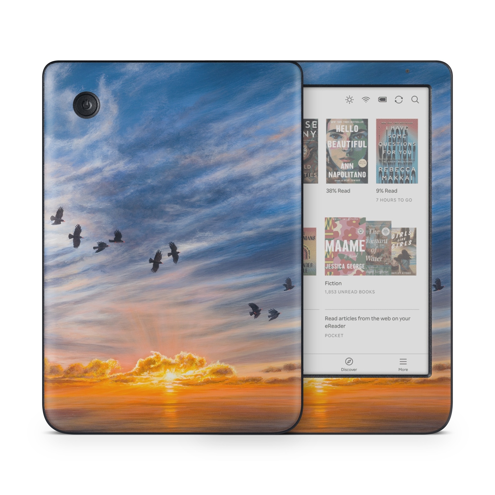 Kobo Clara Colour Skin design of Sky, Cloud, Nature, Blue, Daytime, Atmosphere, Sunset, Afterglow, Evening, Horizon, with black, blue, yellow, orange, white colors