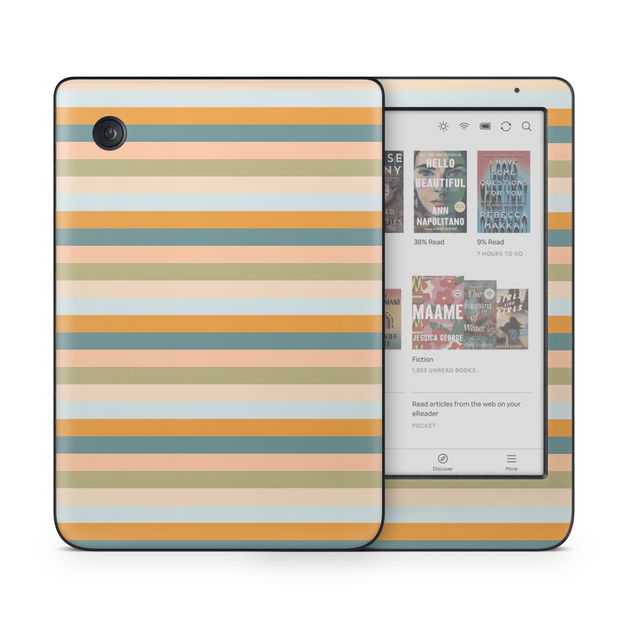 Kobo Clara Colour Skin design of Azure, Rectangle, Orange, Material property, Tints and shades, Pattern, Parallel, Electric blue, Magenta, Peach, with orange, blue, green colors
