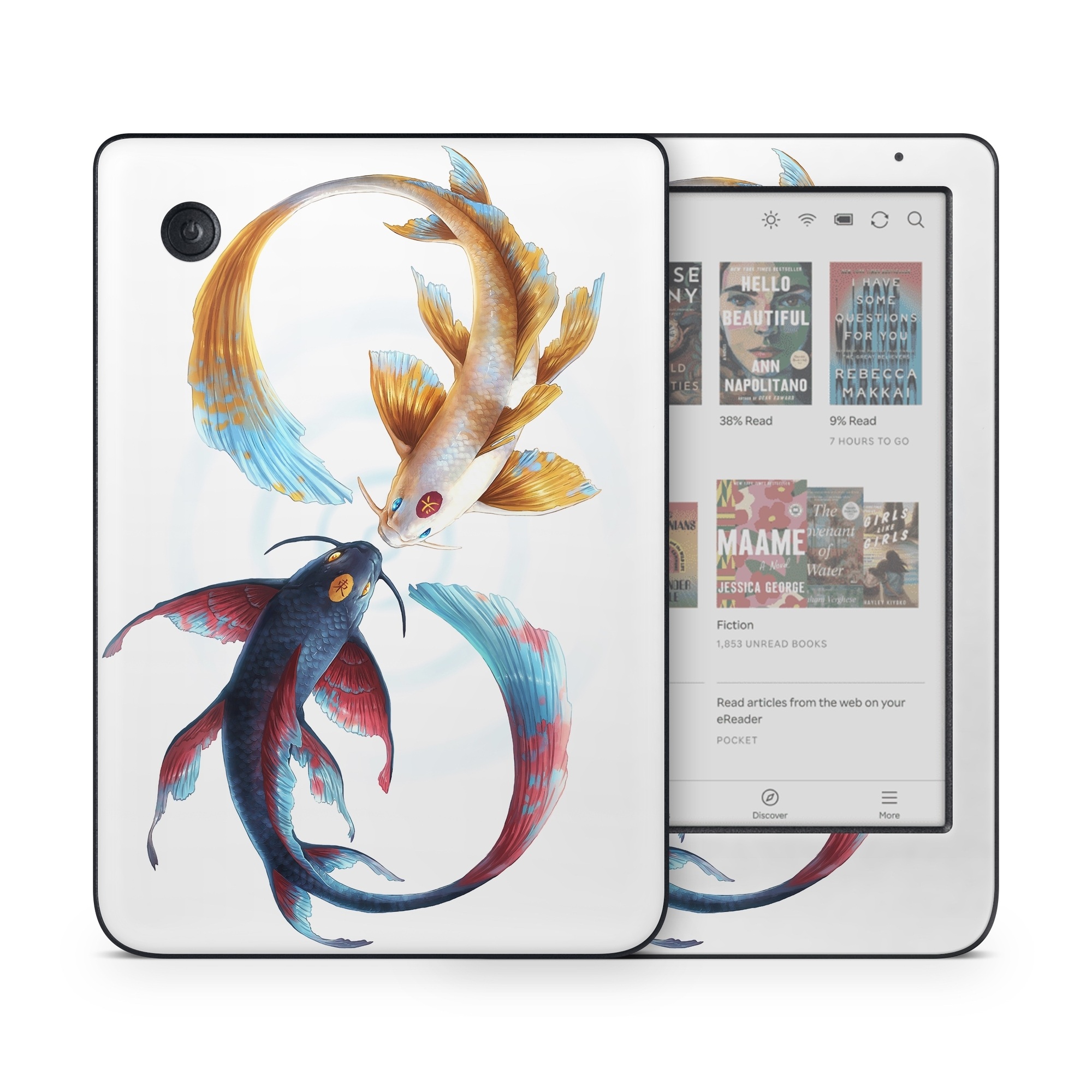 Kobo Clara Colour Skin design of Marine invertebrates, Art, Wing, Feather, Tree, Beak, Electric blue, Fish, Natural material, Painting, with white, black, yellow, orange, red, blue colors