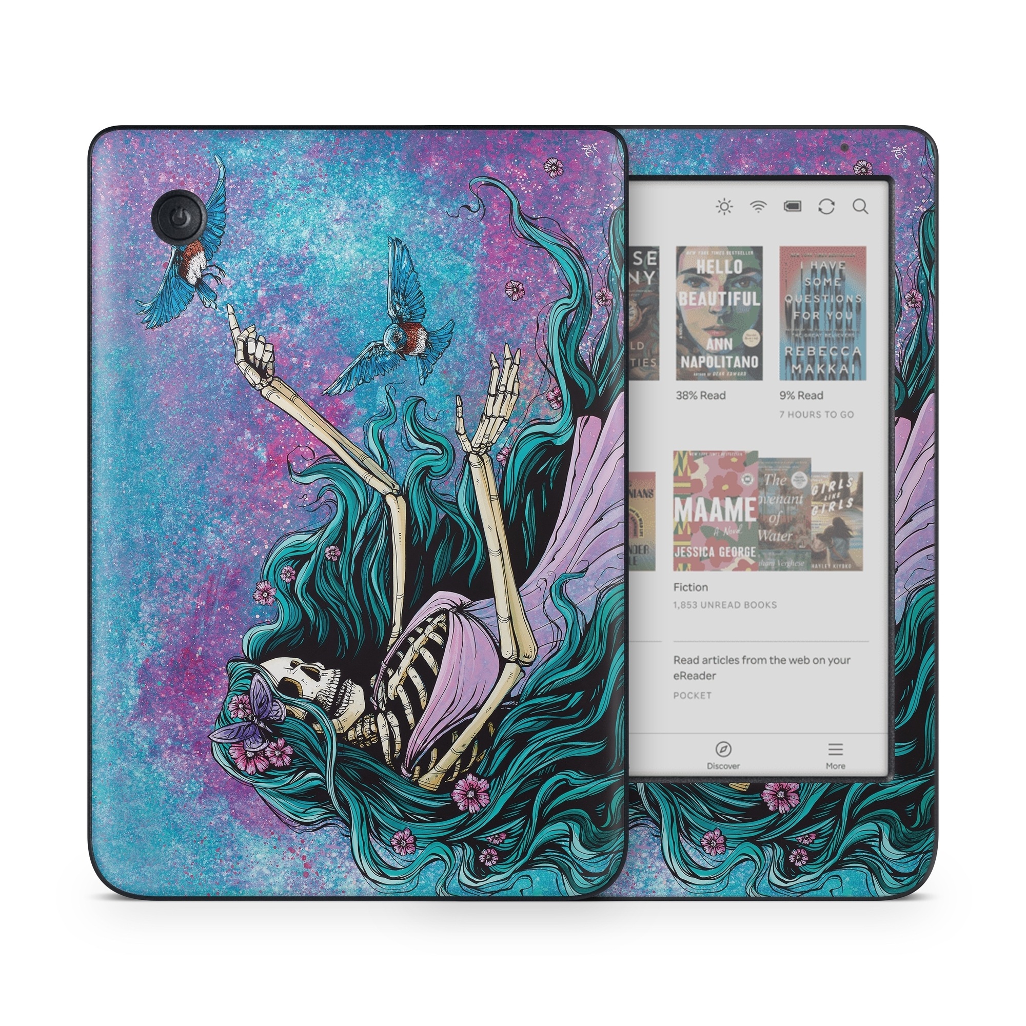 Kobo Clara Colour Skin design of Green, Purple, Painting, Paint, Art, Cg artwork, Mythical creature, Musical instrument, Graffiti, Artist, with blue, purple, white, gray, brown colors