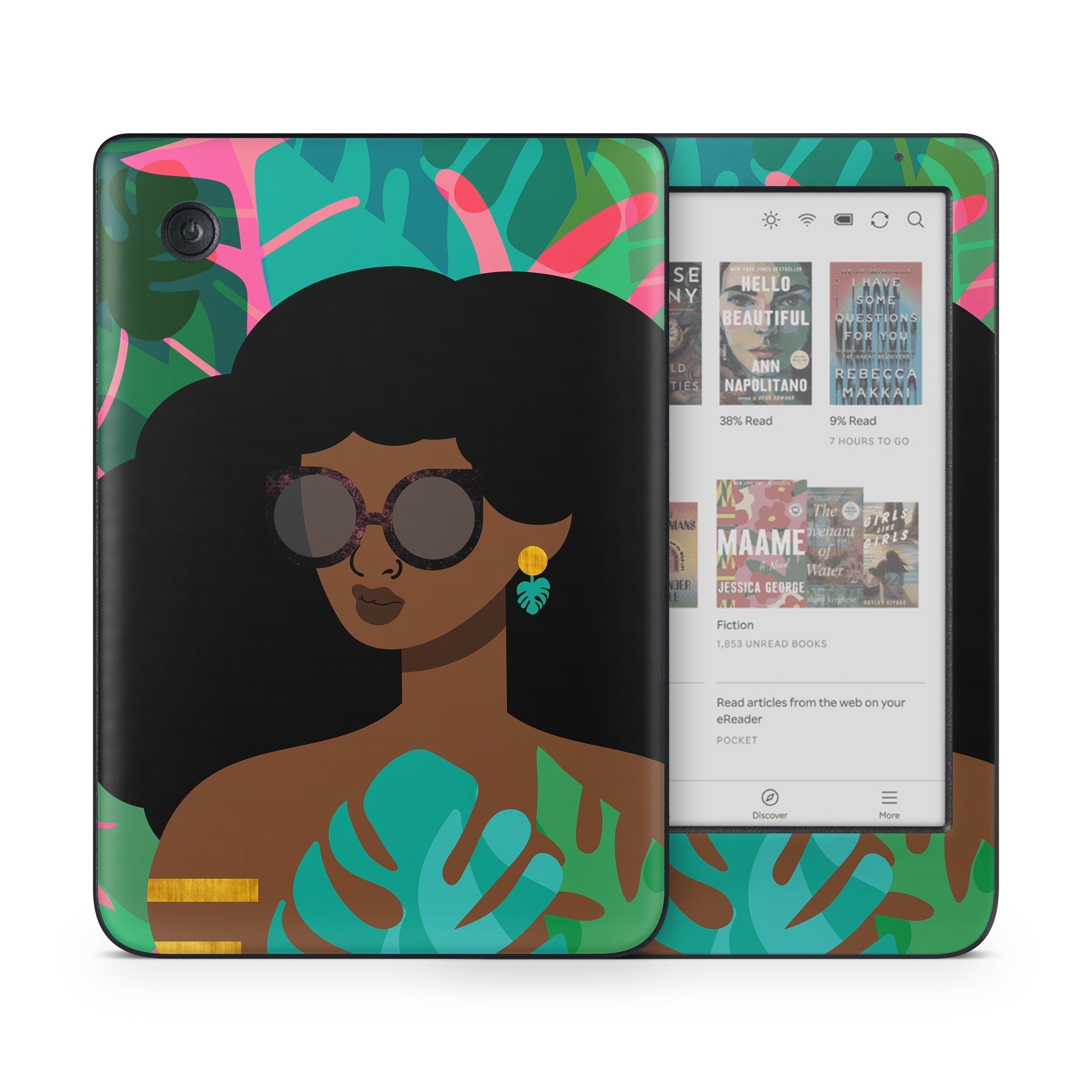 Kobo Clara Colour Skin design of Illustration, Afro, Art, Eyewear, Glasses, Graphic design, Visual arts, Graphics, Fictional character, with brown, black, green, pink, blue, yellow colors