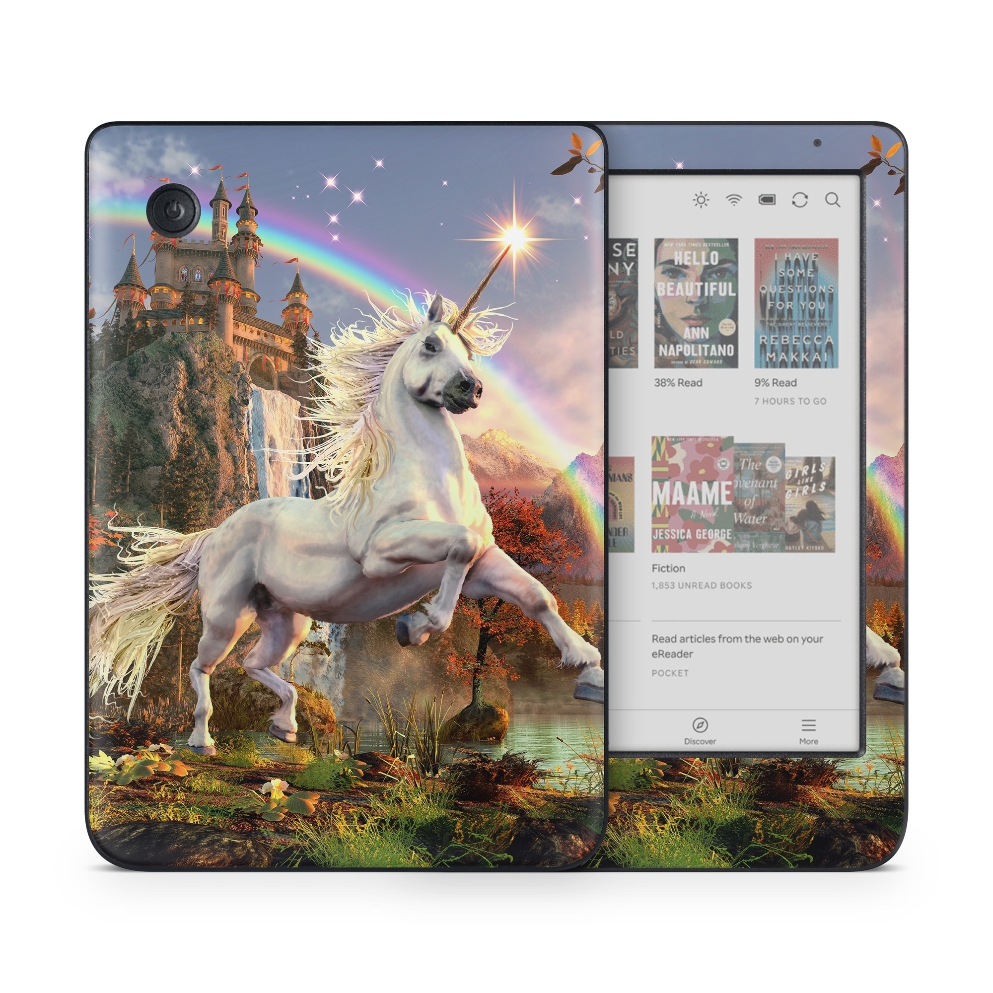 Kobo Clara Colour Skin design of Nature, Unicorn, Fictional character, Sky, Mythical creature, Mythology, Cg artwork, Horse, Mane, Wildlife, with black, gray, red, green, blue colors