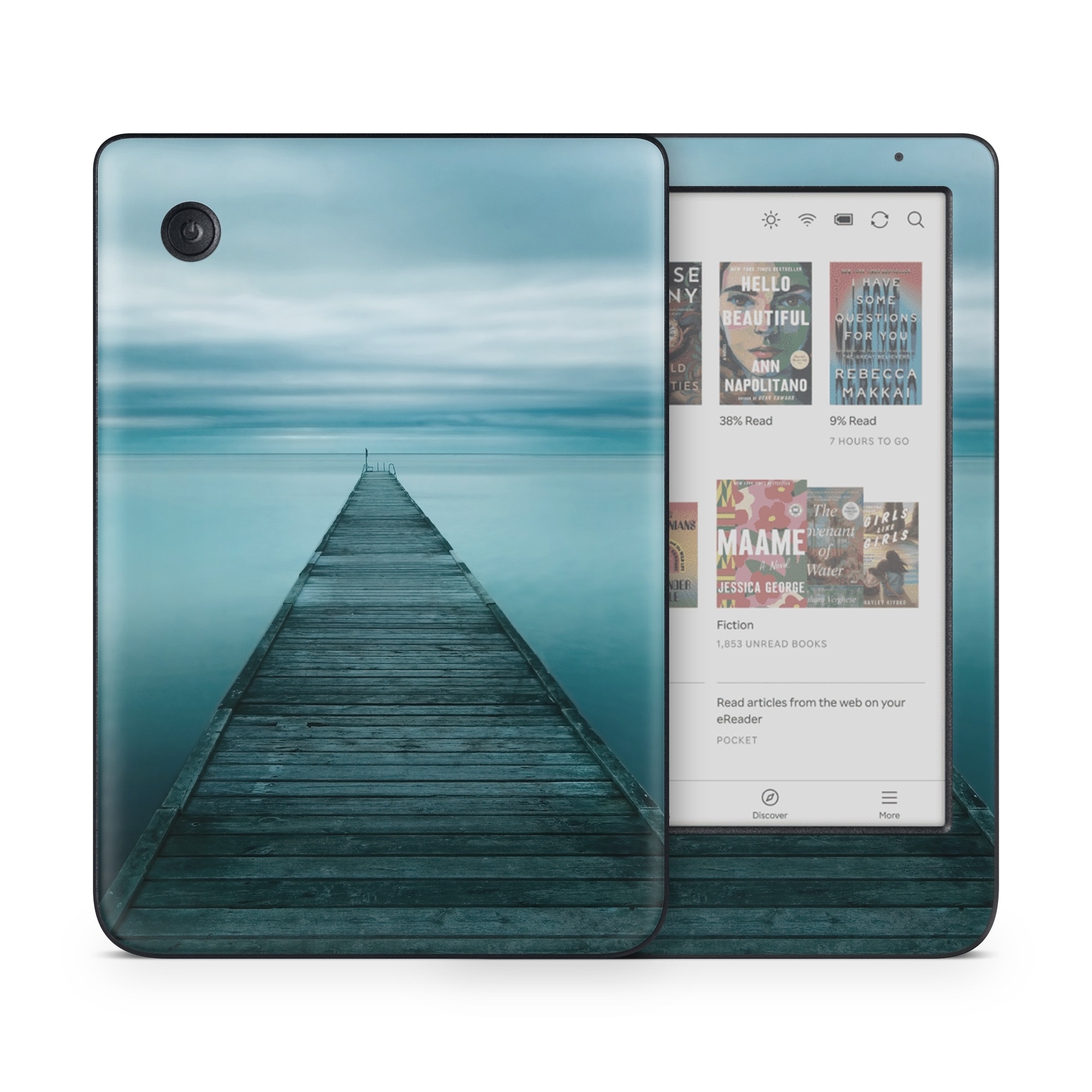 Kobo Clara Colour Skin design of Sea, Water, Horizon, Sky, Blue, Ocean, Daytime, Calm, Fixed link, Symmetry, with black, blue, gray colors
