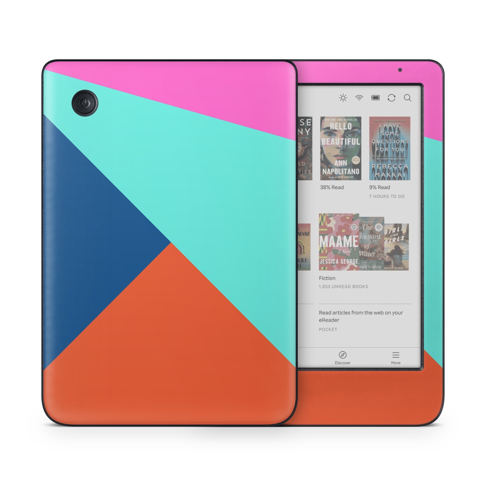 Kobo Clara Colour Skin design of Blue, Colorfulness, Turquoise, Line, Azure, Triangle, Pattern, Graphic design, Magenta, with blue, pink, orange, red colors