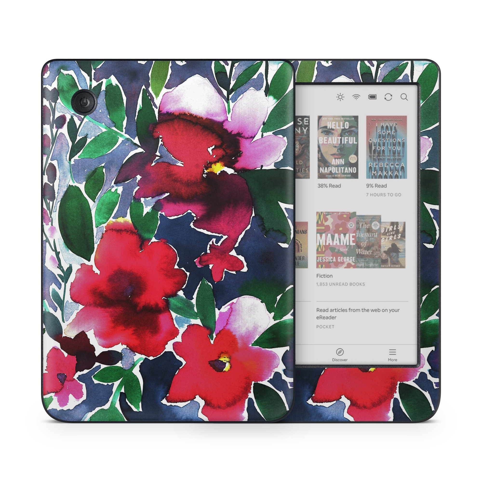 Kobo Clara Colour Skin design of Flower, Petal, Red, Plant, Pattern, Pink, Purple, Flowering plant, Botany, Design, with red, green, pink, blue colors