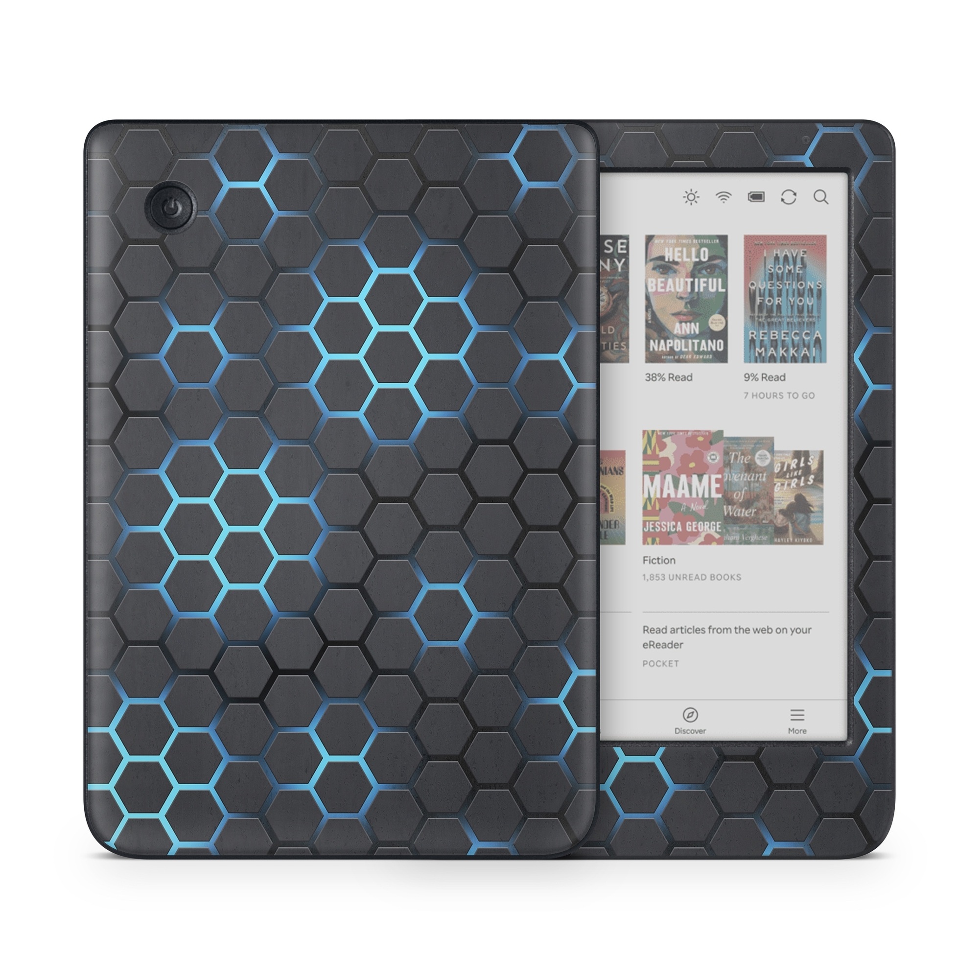 Kobo Clara Colour Skin design of Pattern, Water, Design, Circle, Metal, Mesh, Sphere, Symmetry, with black, gray, blue colors