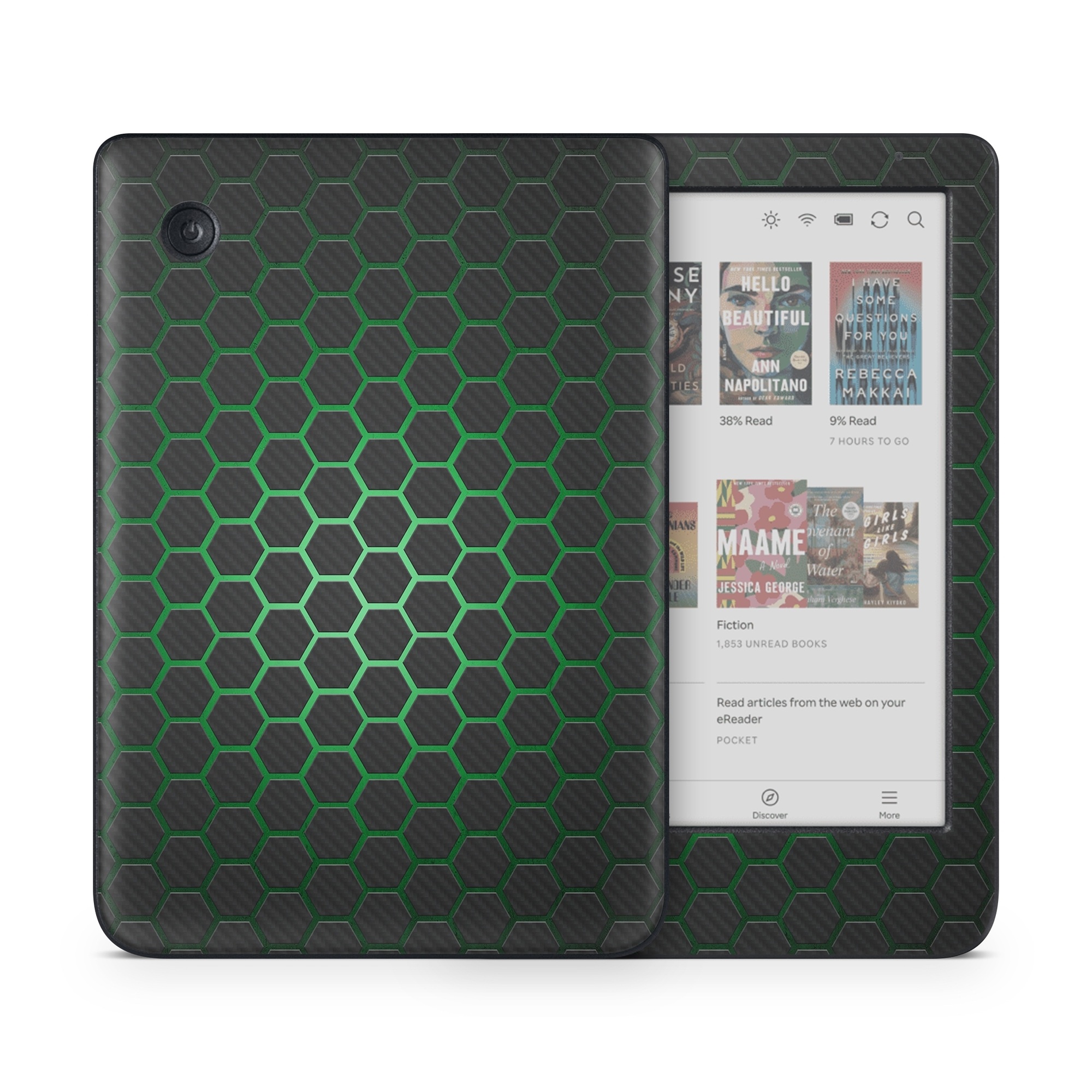 Kobo Clara Colour Skin design of Pattern, Metal, Design, Carbon, Space, Circle, with black, gray, green colors