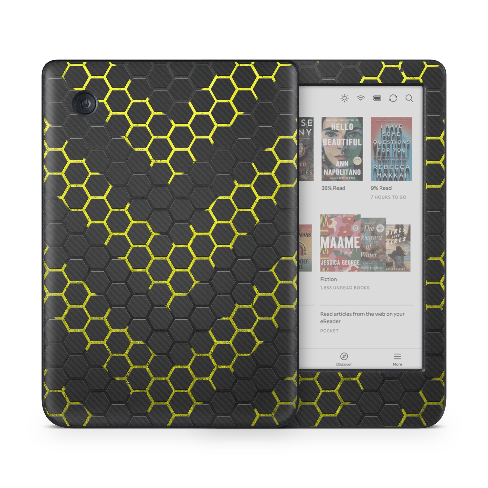 Kobo Clara Colour Skin design of Black, Pattern, Yellow, Mesh, Net, Chain-link fencing, Design, Metal, with black, gray, yellow colors