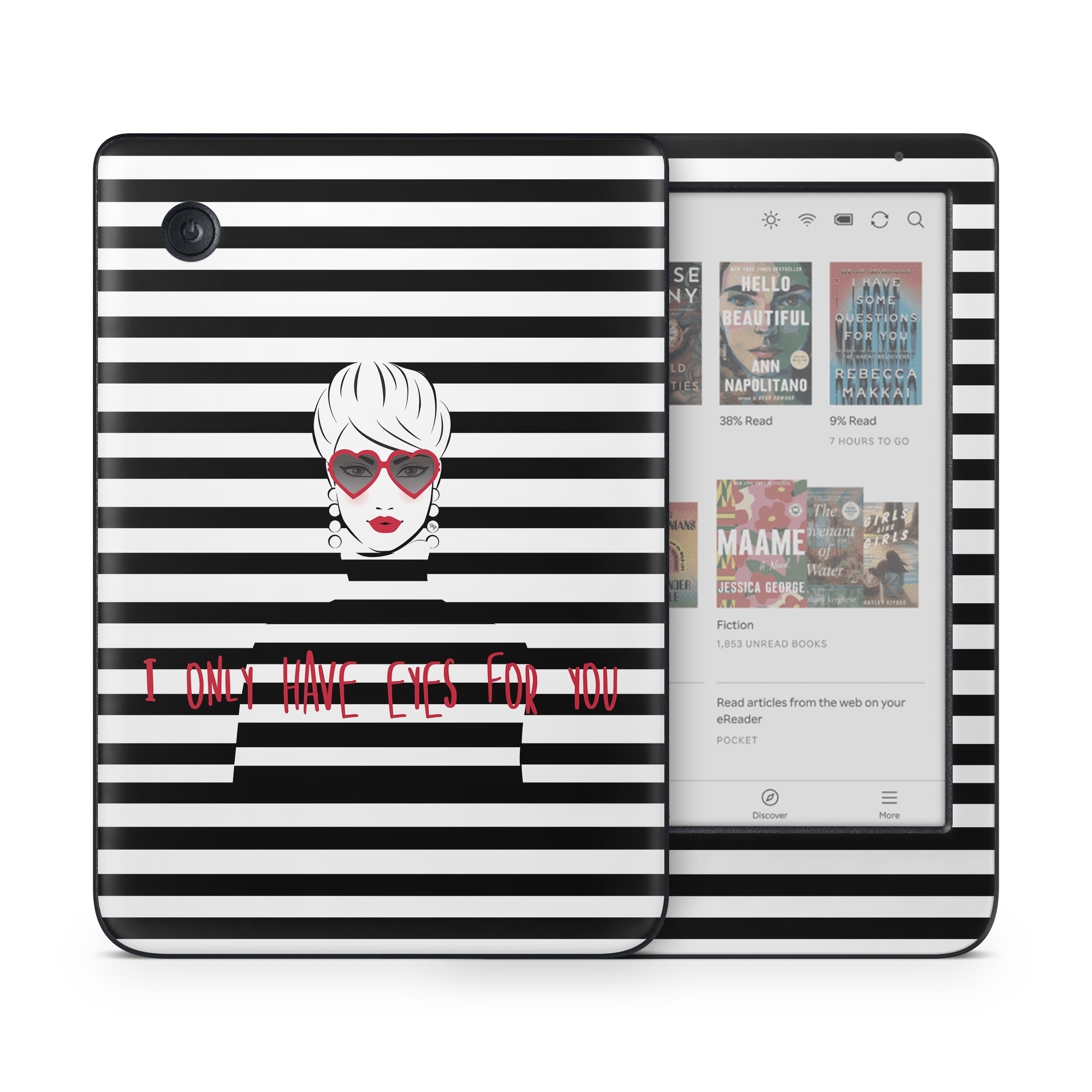 Kobo Clara Colour Skin design of Rectangle, Font, Gesture, Eyewear, Art, Technology, Personal protective equipment, Goggles, Logo, Eyelash, with black, white, yellow, red colors