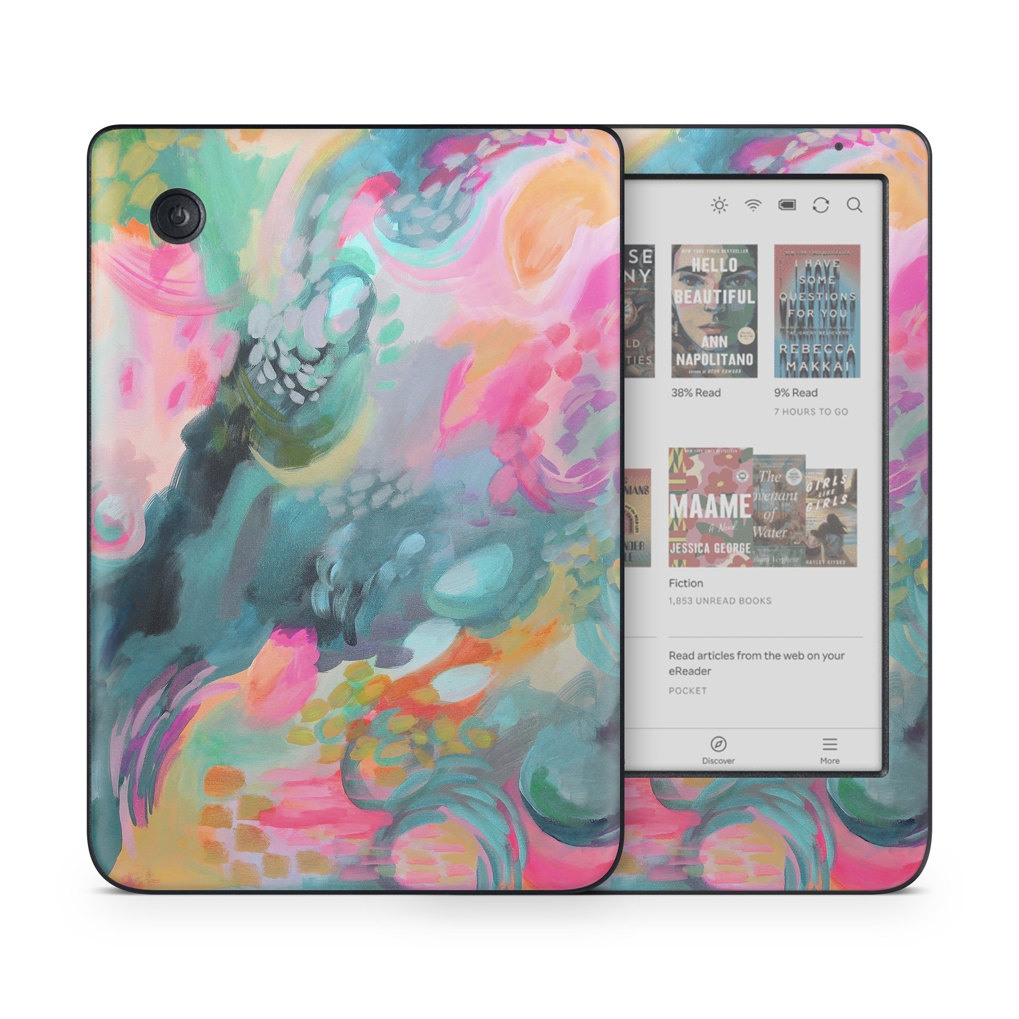 Kobo Clara Colour Skin design of Painting, Acrylic paint, Modern art, Art, Pink, Visual arts, Watercolor paint, Pattern, Illustration, Paint, with blue, pink, orange, yellow, green, purple colors