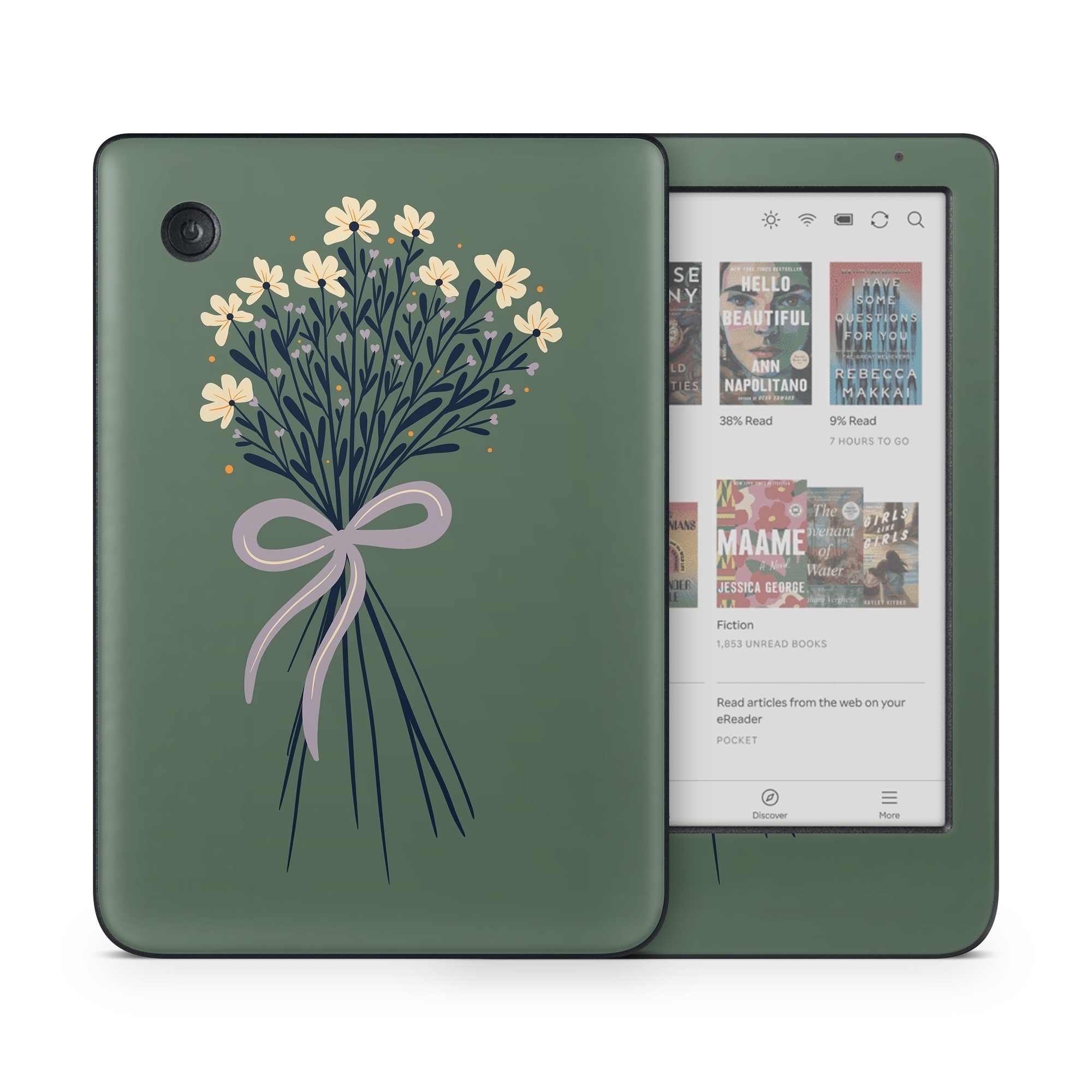 Kobo Clara Colour Skin design of Flower, Plant, Twig, Tree, Art, Pedicel, Flowering plant, Grass, Petal, Illustration, with green, yellow, white, purple colors