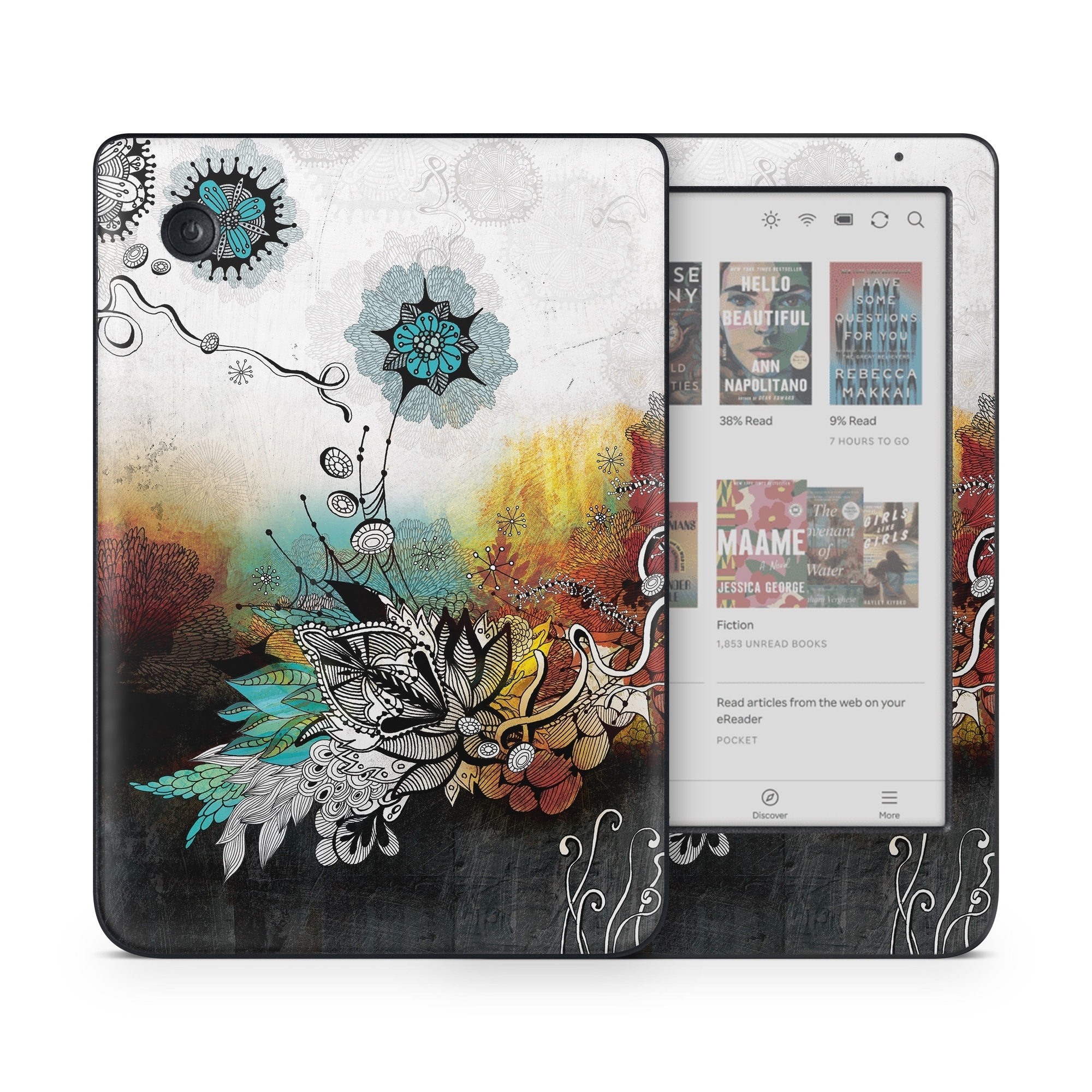 Kobo Clara Colour Skin design of Graphic design, Illustration, Art, Design, Visual arts, Floral design, Font, Graphics, Modern art, Painting, with black, gray, red, green, blue colors