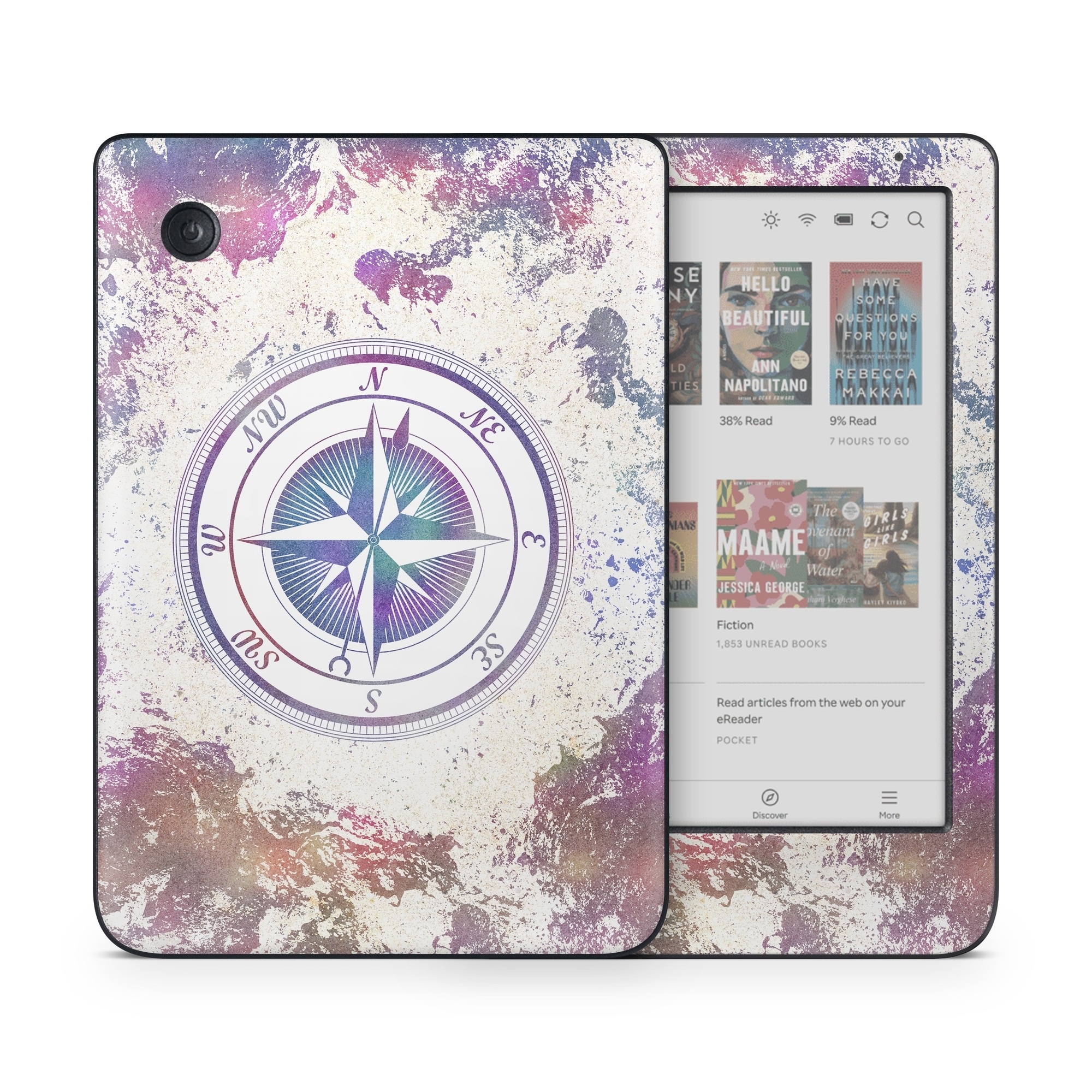 Kobo Clara Colour Skin design of Clock, Circle, Compass, Graphics, Pattern, Illustration, Interior design, with gray, white, yellow, pink, purple, blue colors