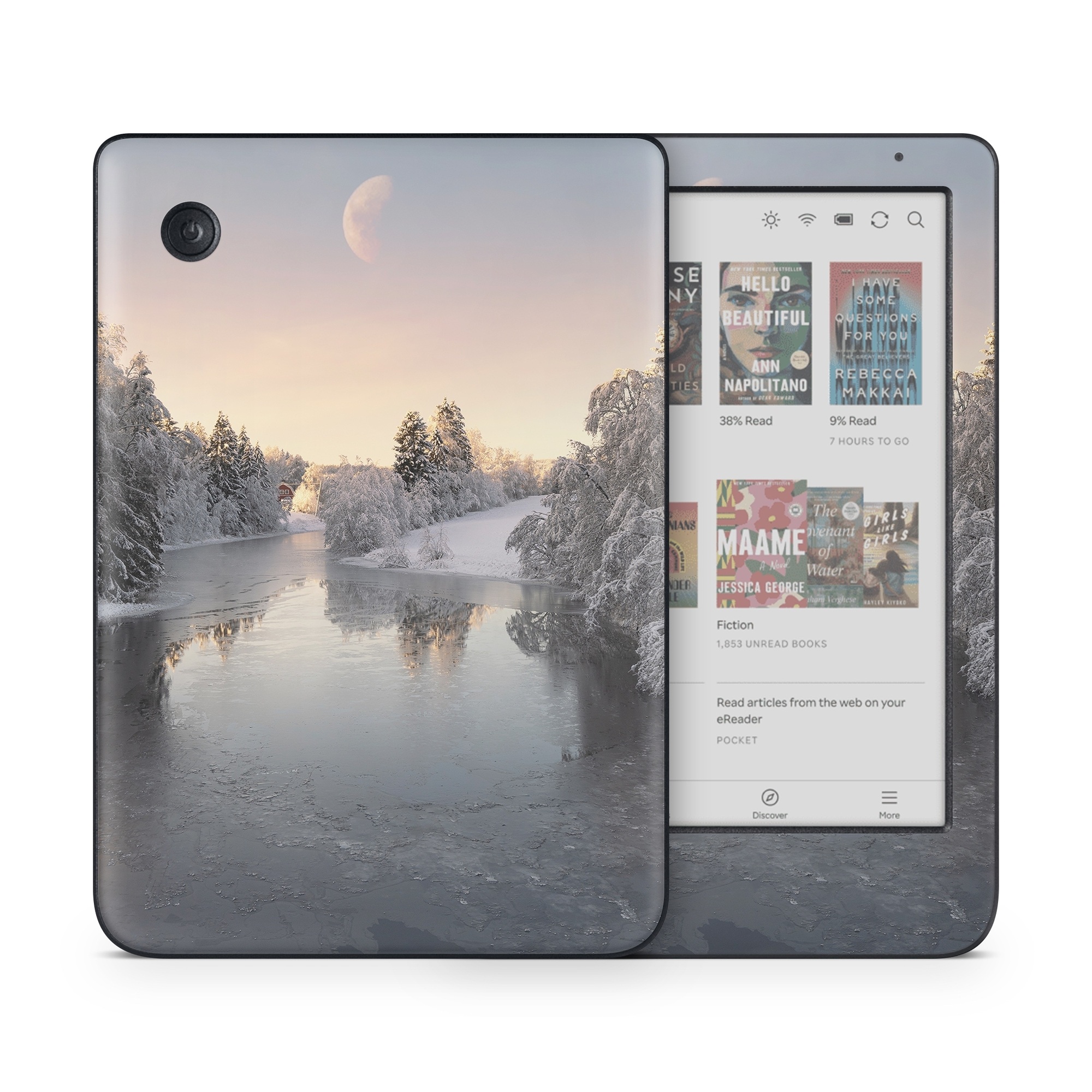 Kobo Clara Colour Skin design of Water, Cloud, Sky, Atmosphere, Water resources, Tree, Natural landscape, Moon, Snow, Dusk, with blue, black, yellow, orange, white colors