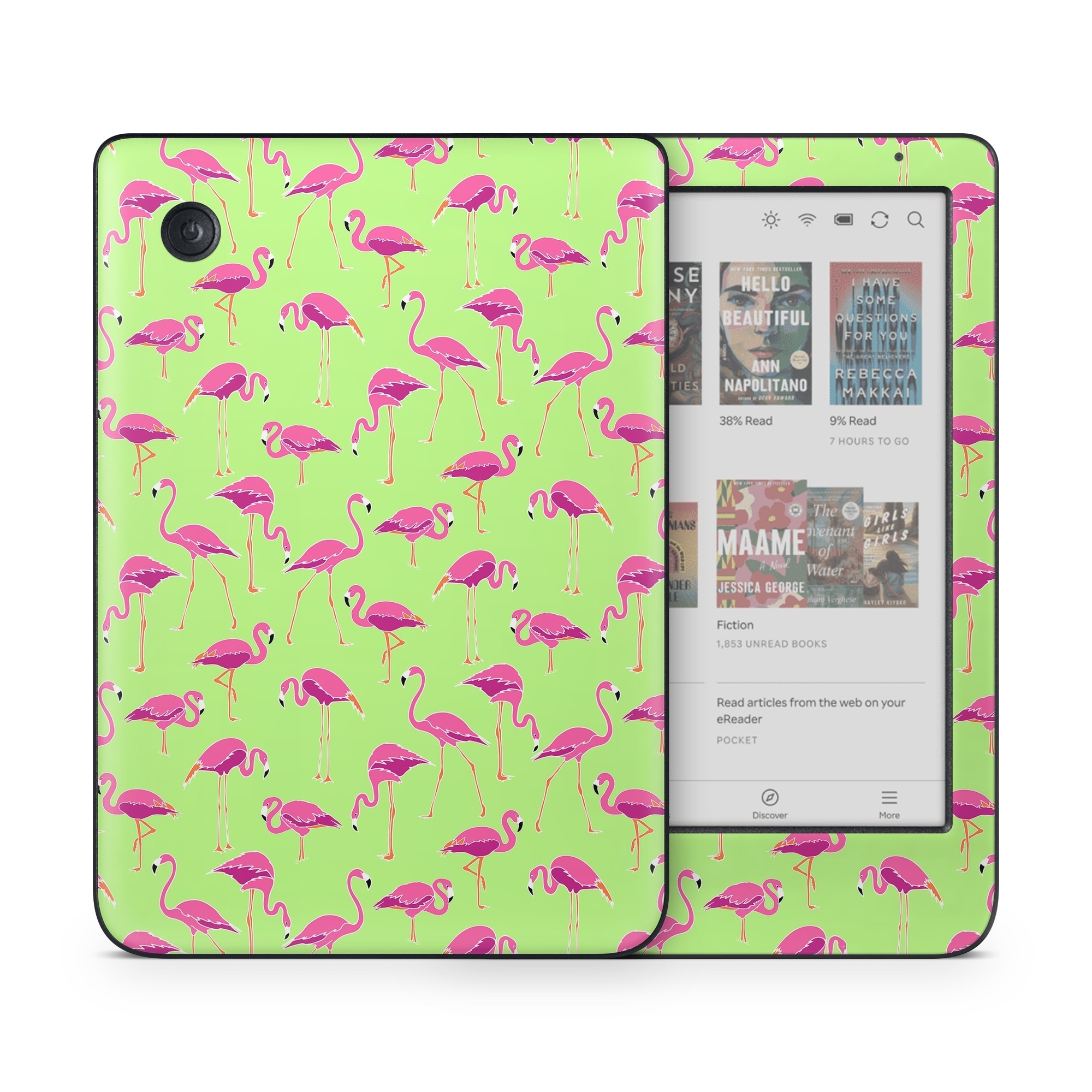 Kobo Clara Colour Skin design of Pink, Green, Red, Pattern, Wrapping paper, Textile, Design, Flamingo, Line, with pink, green colors
