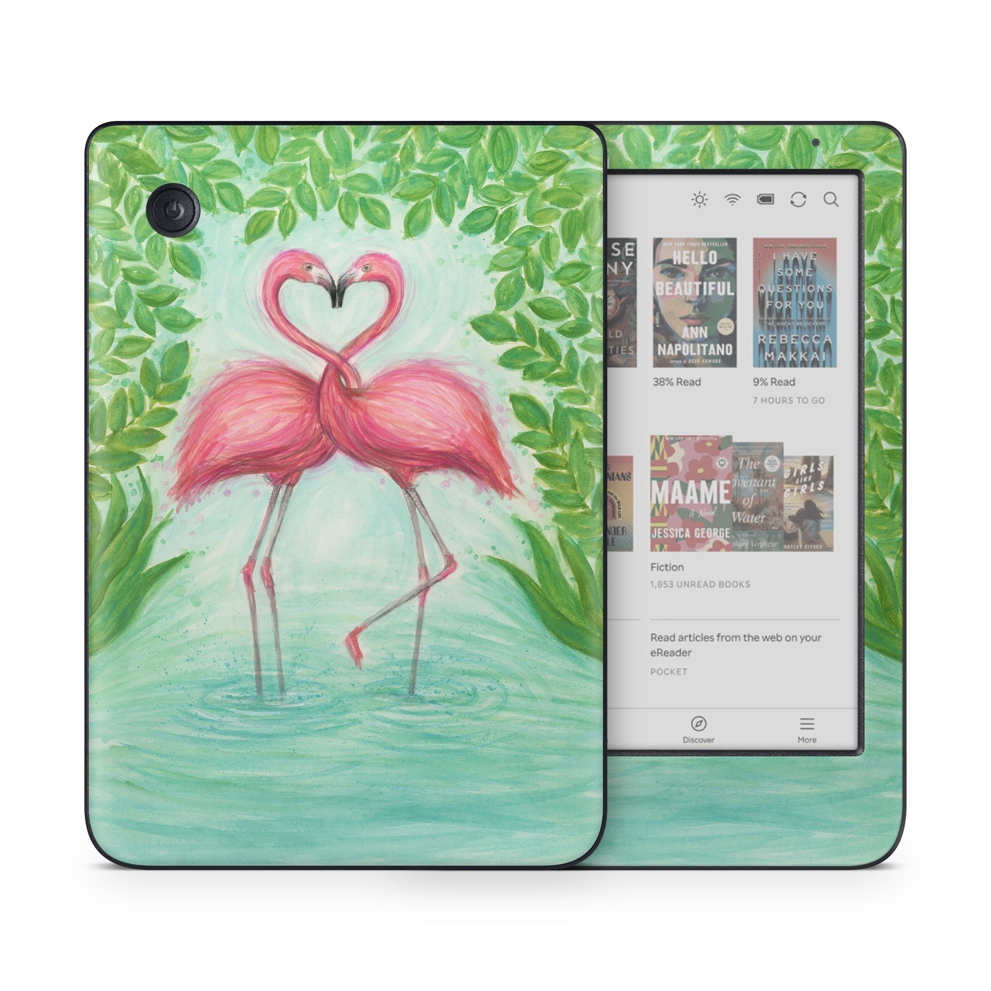 Kobo Clara Colour Skin design of Flamingo, Greater flamingo, Bird, Water bird, Pink, Illustration, Watercolor paint, Organism, Drawing, Stork, with pink, blue, green colors