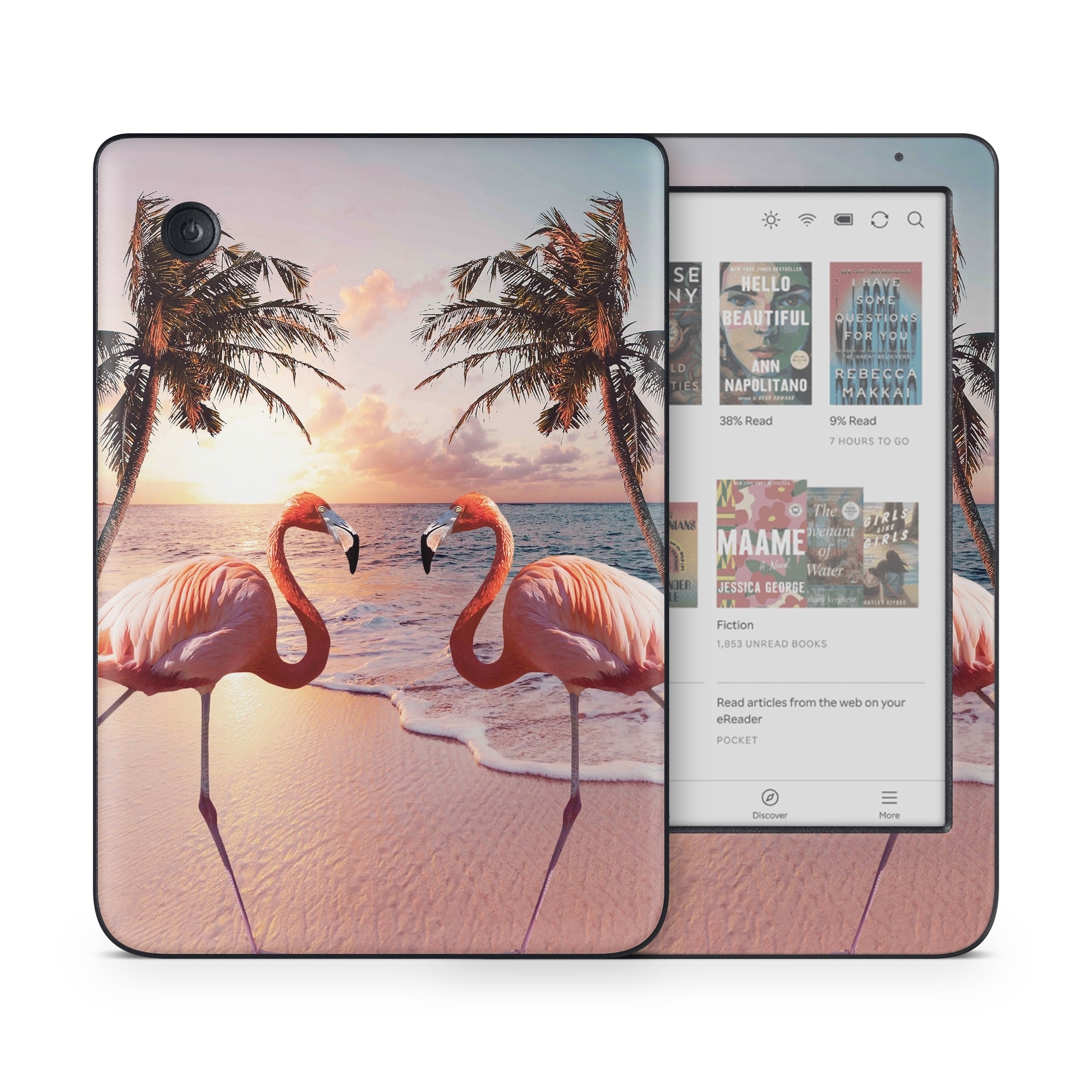 Kobo Clara Colour Skin design of Flamingo, Greater flamingo, Bird, Water bird, Pink, Wildlife, Sky, Tree, Organism, Beak, with pink, blue, green, yellow, white, orange, black colors