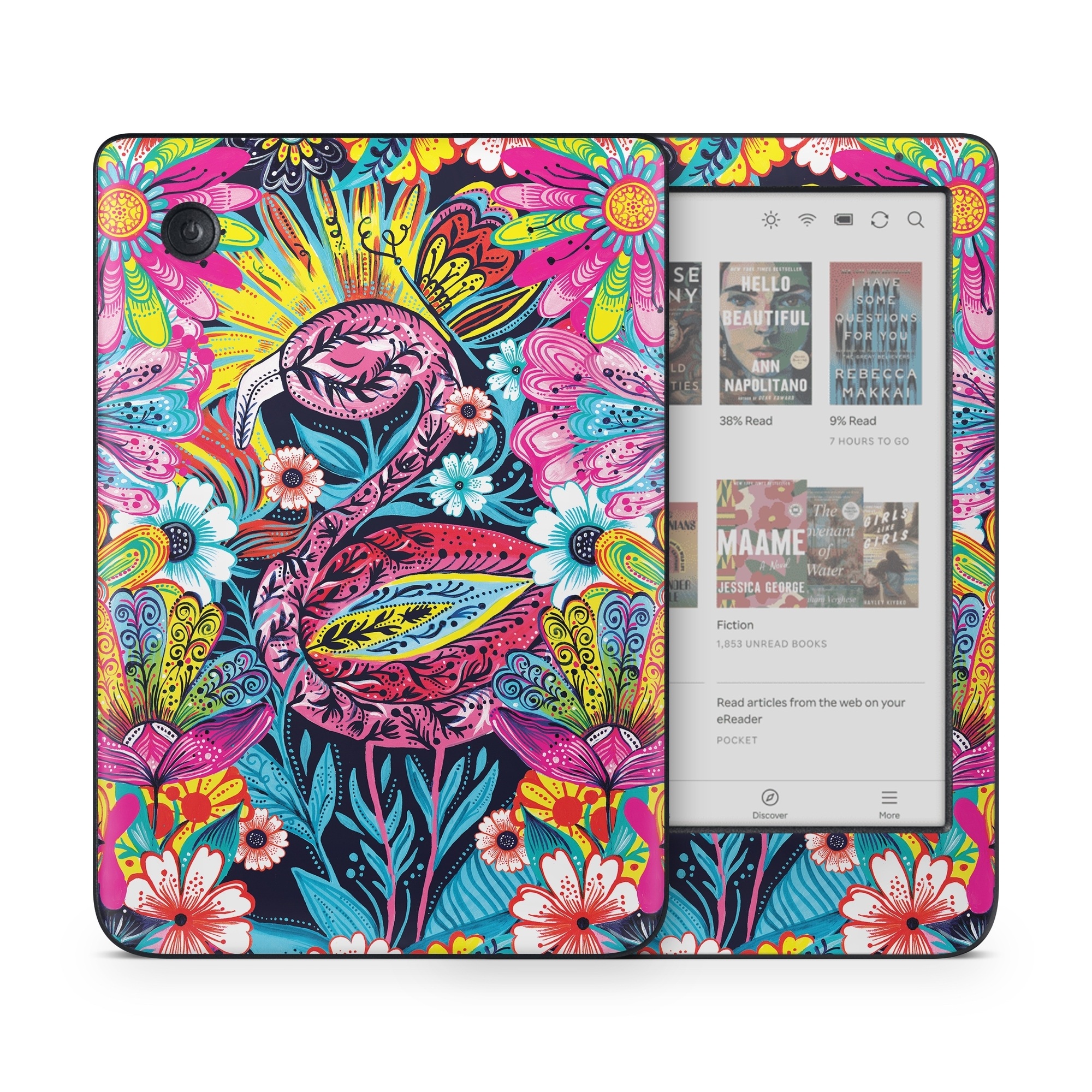 Kobo Clara Colour Skin design of Psychedelic art, Pattern, Visual arts, Art, Design, Textile, Illustration, Plant, Graphic design, Drawing, with pink, yellow, black, blue, white colors