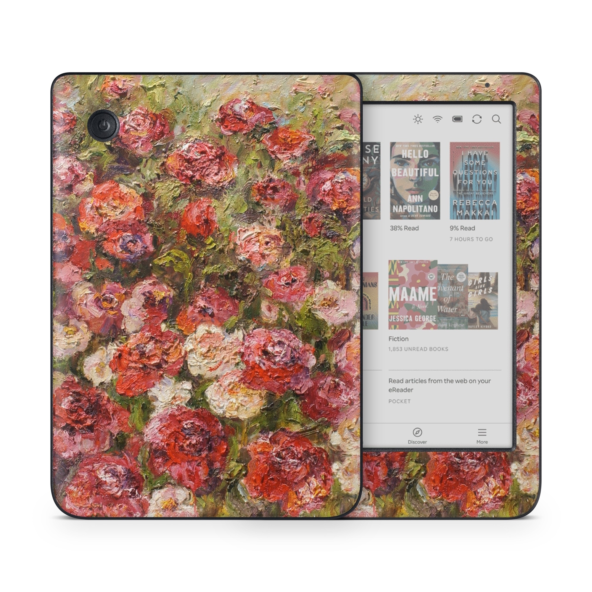Kobo Clara Colour Skin design of Flower, Garden roses, Rose, Plant, Floribunda, Flowering plant, Rosa × centifolia, Rose family, Botany, Petal, with red, black, green, gray colors