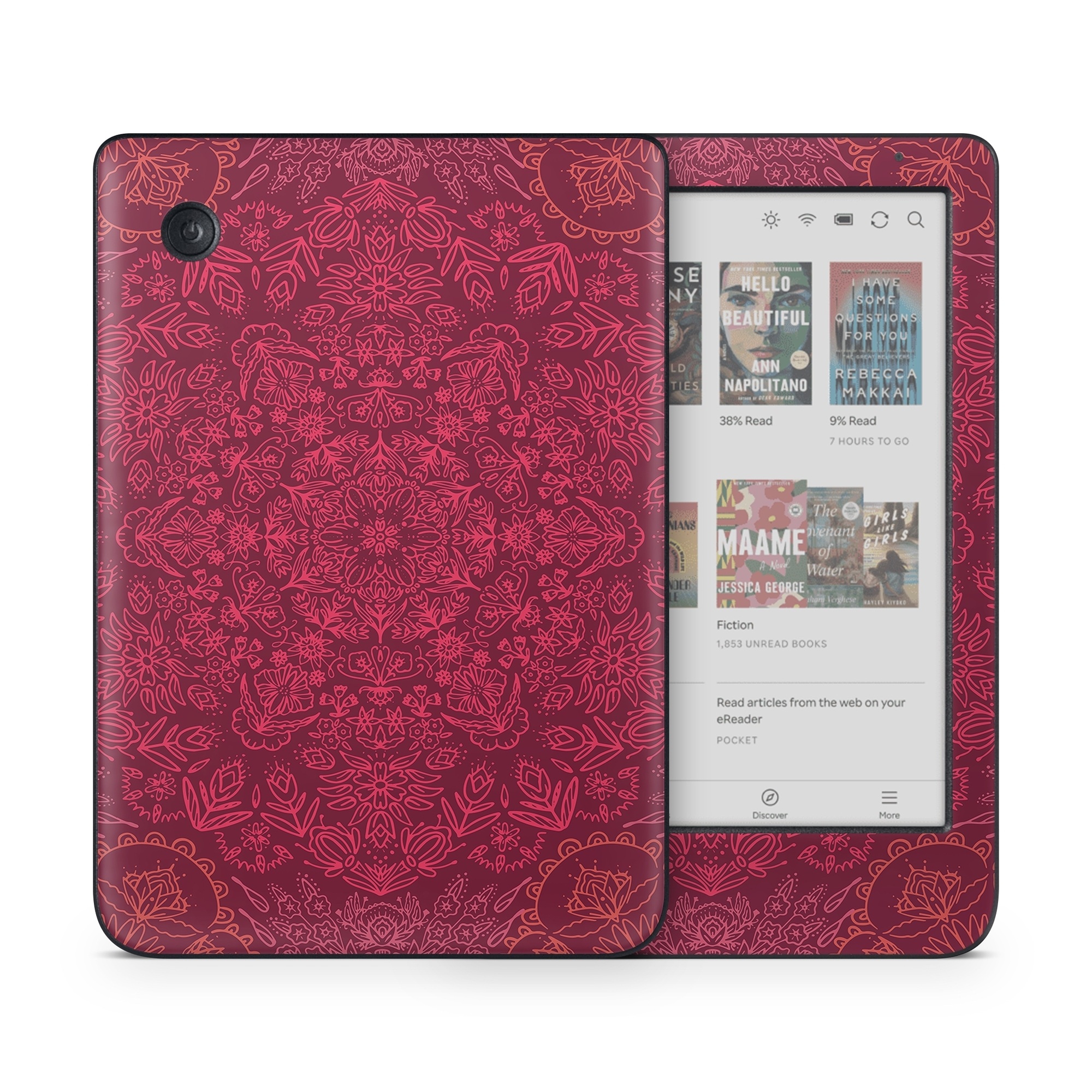 Kobo Clara Colour Skin design of Red, Pattern, Pink, Magenta, Purple, Maroon, Violet, Textile, Design, Wallpaper, with red, black colors