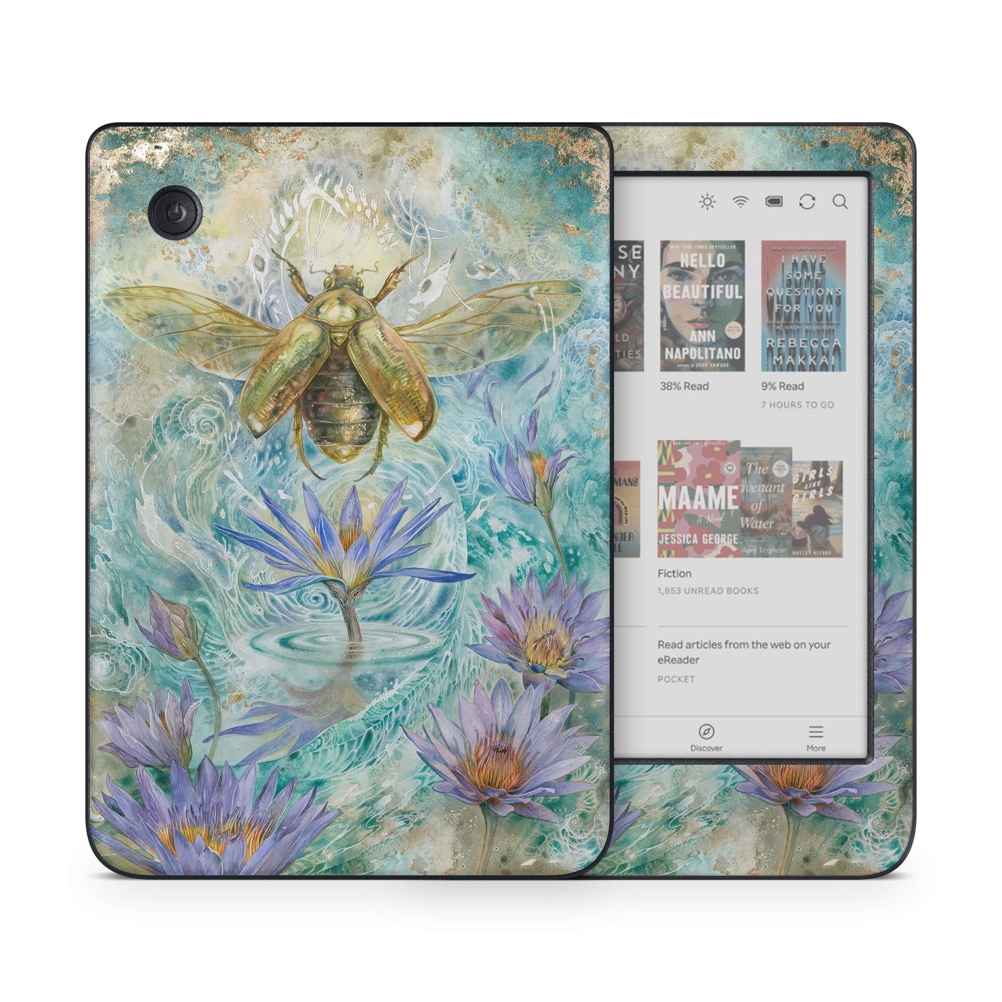Kobo Clara Colour Skin design of Painting, Fictional character, Art, Flower, Watercolor paint, Plant, Wildflower, Angel, Honeybee, Mythology, with blue, yellow, brown, purple, red, white colors