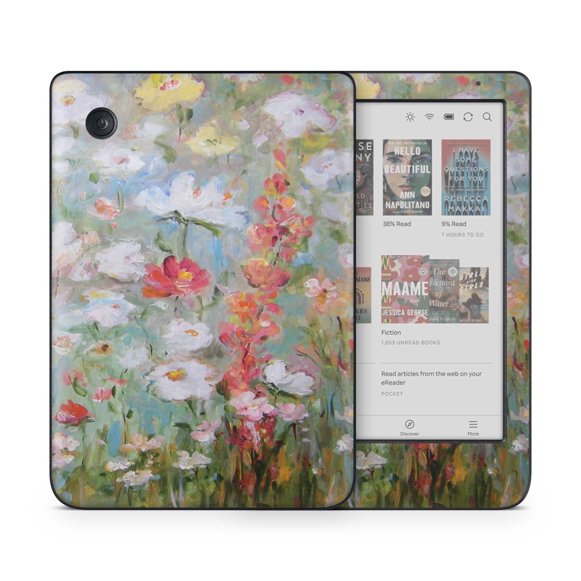 Kobo Clara Colour Skin design of Flower, Painting, Watercolor paint, Plant, Modern art, Wildflower, Botany, Meadow, Acrylic paint, Flowering plant, with gray, black, green, red, blue colors