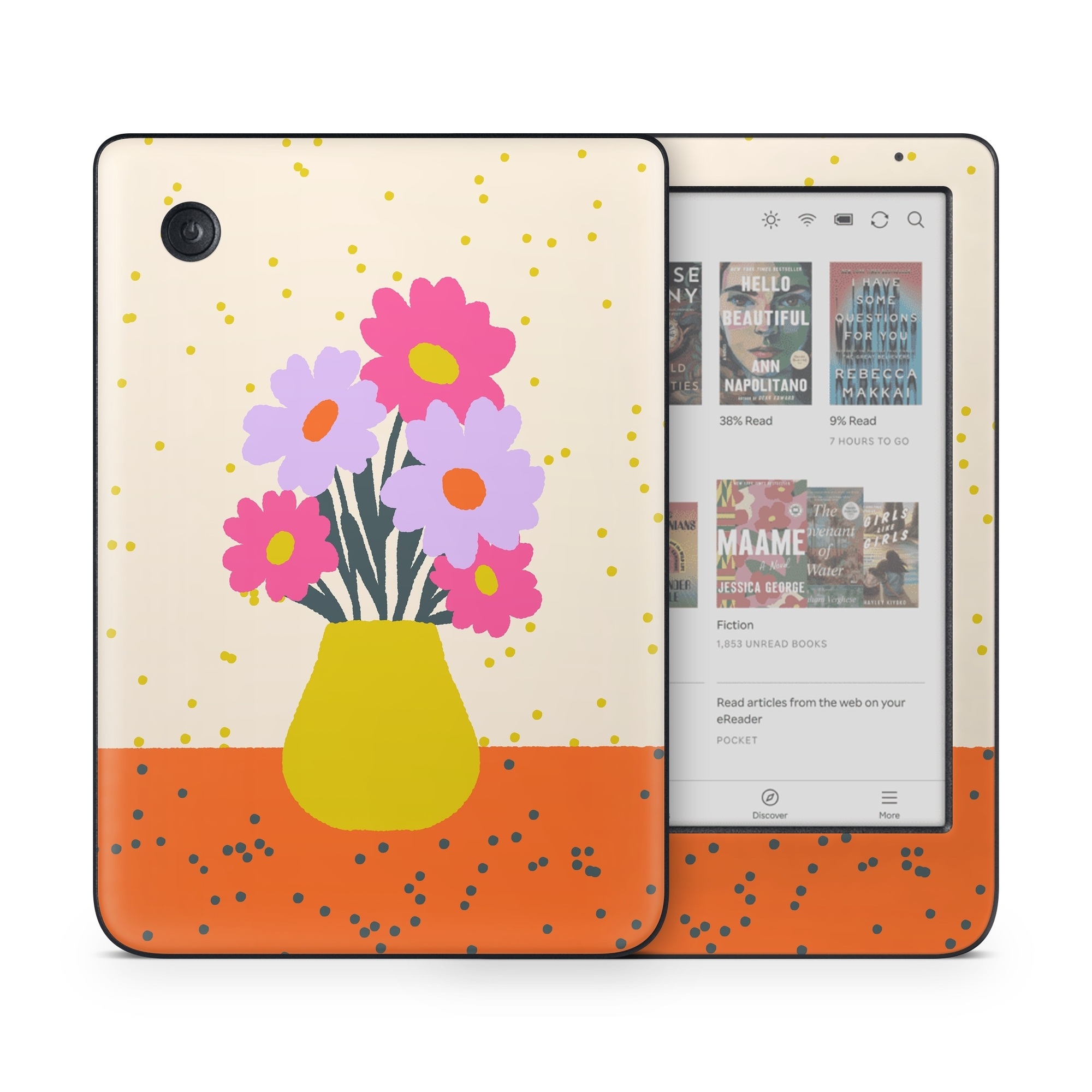 Kobo Clara Colour Skin design of Flower, Plant, Vase, Flowerpot, Petal, Happy, People in nature, Liquid, Font, Art, with white, orange, pink, purple, yellow colors