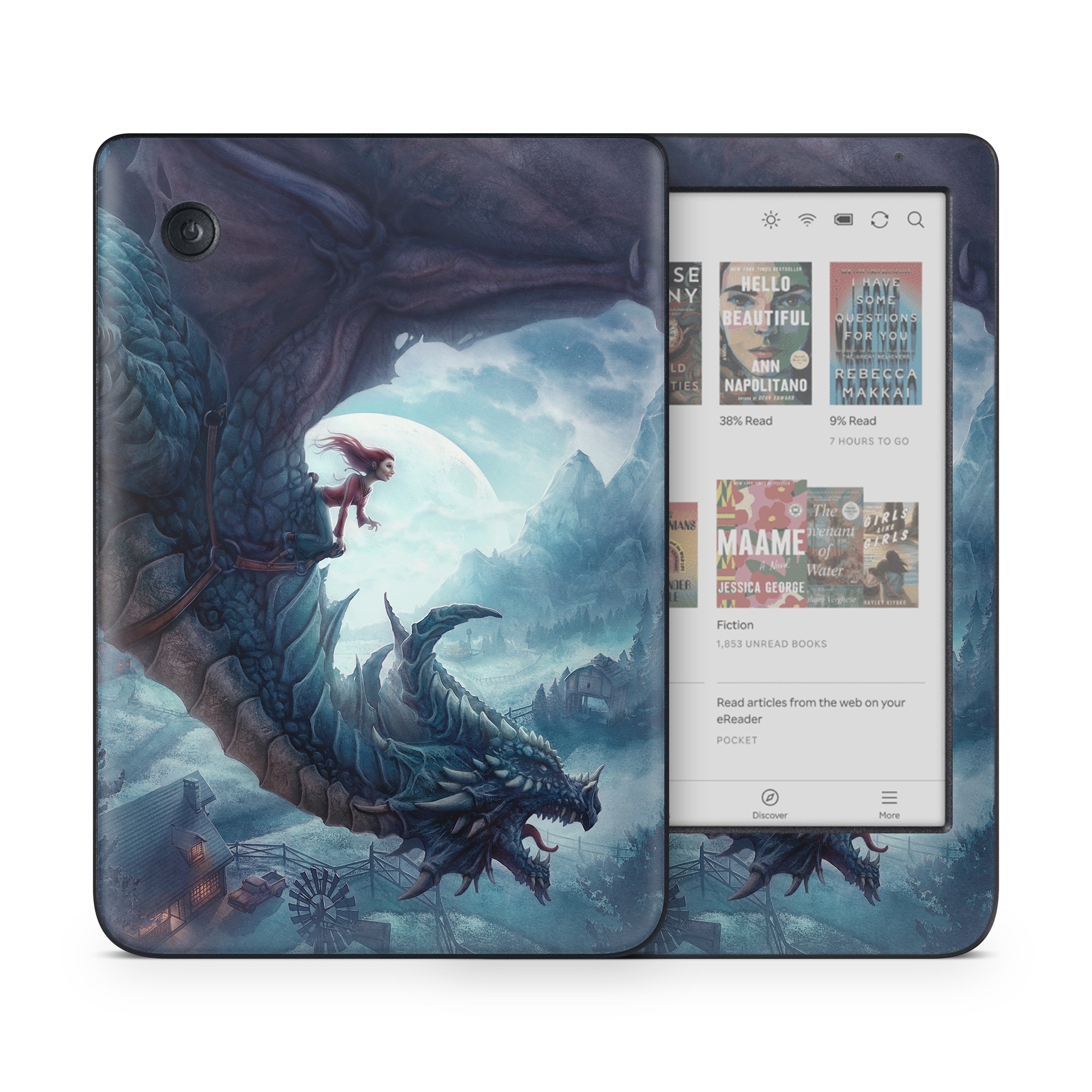 Kobo Clara Colour Skin design of Dragon, Cg artwork, Illustration, Action-adventure game, Fictional character, Mythical creature, Mythology, Fiction, Cryptid, Extinction, with blue, white, brown, green colors