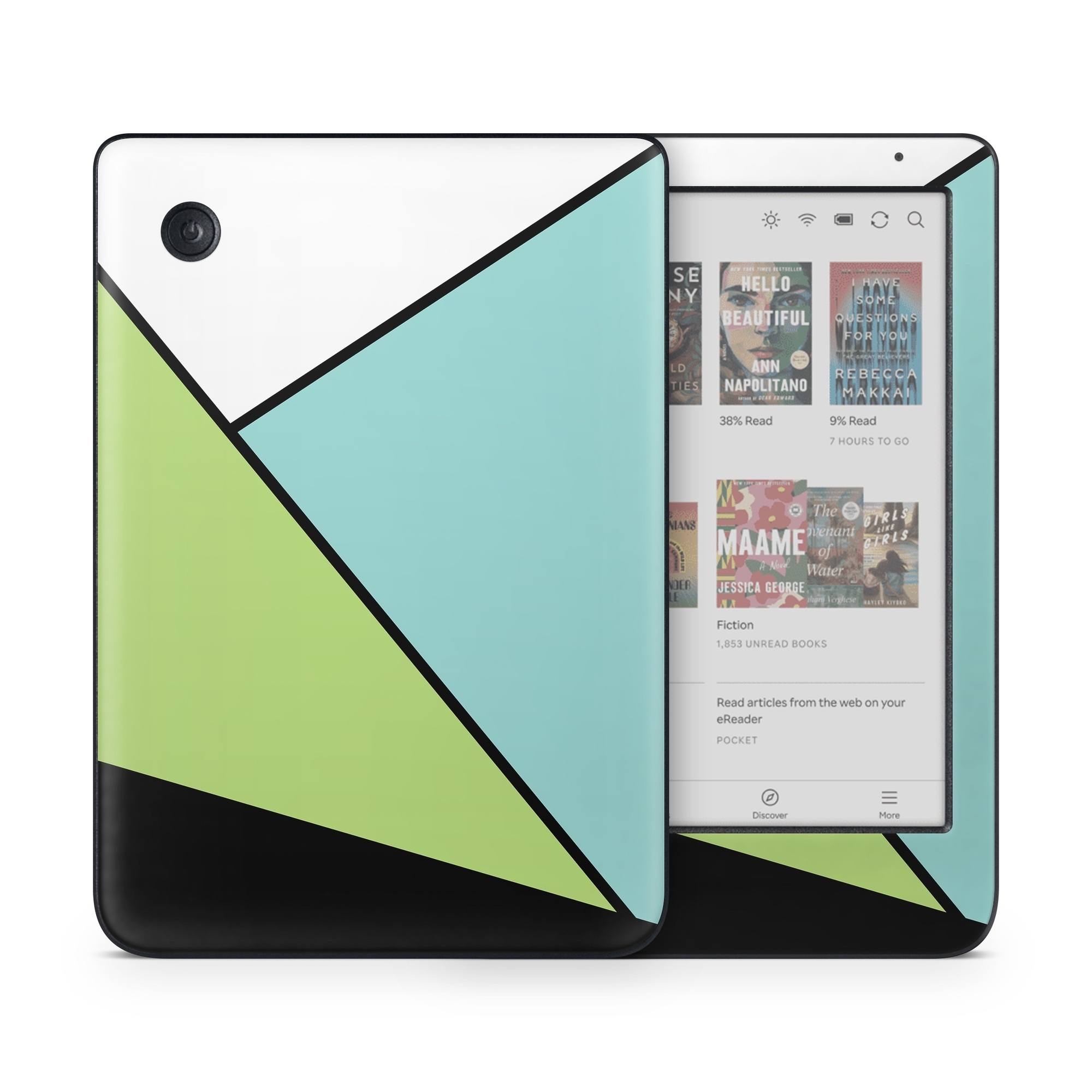 Kobo Clara Colour Skin design of Green, Line, Blue, Triangle, Design, Parallel, Pattern, Graphic design, Slope, with white, black, green, blue colors