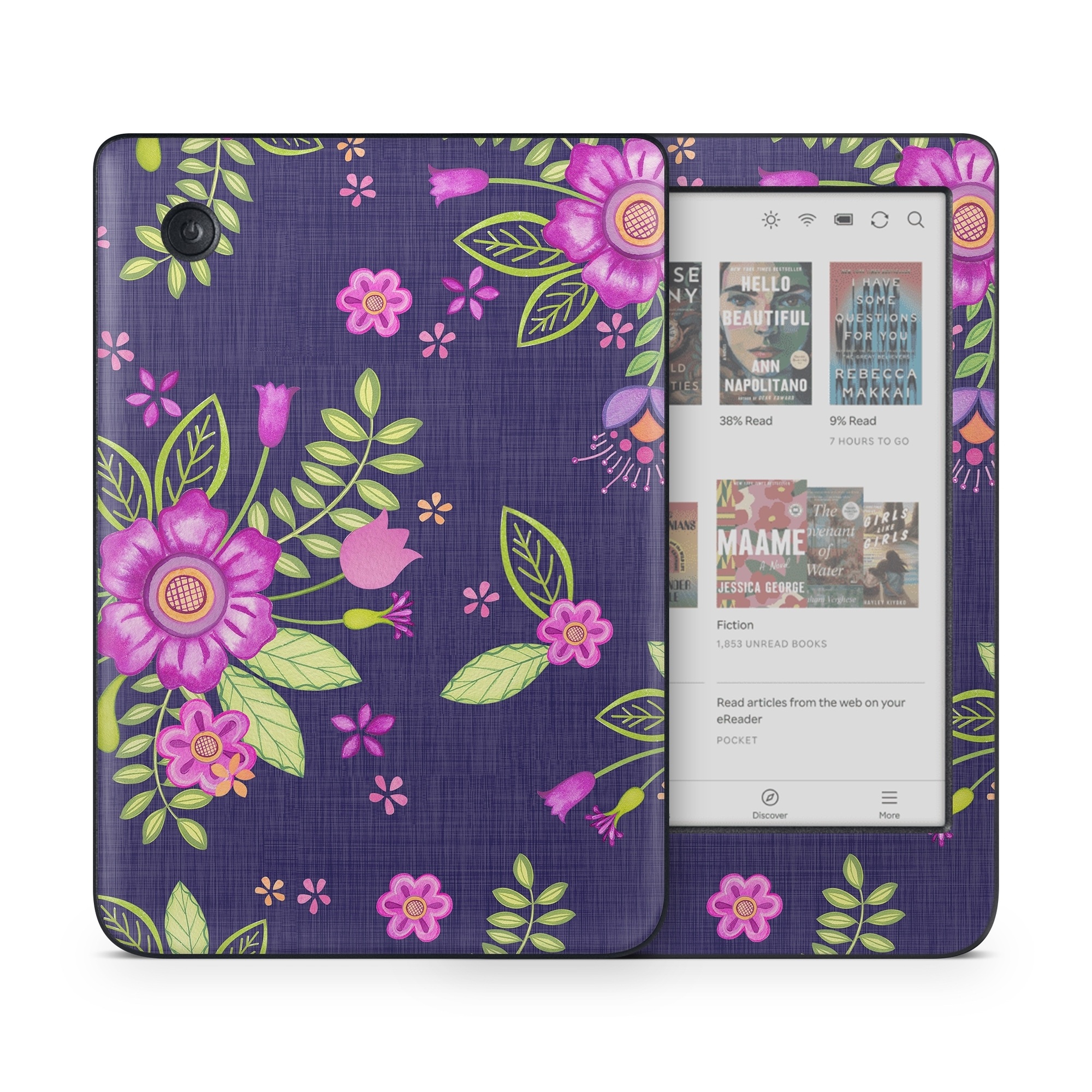 Kobo Clara Colour Skin design of Pink, Pattern, Magenta, Purple, Violet, Floral design, Lilac, Textile, Visual arts, Pedicel, with black, gray, purple, green, blue colors