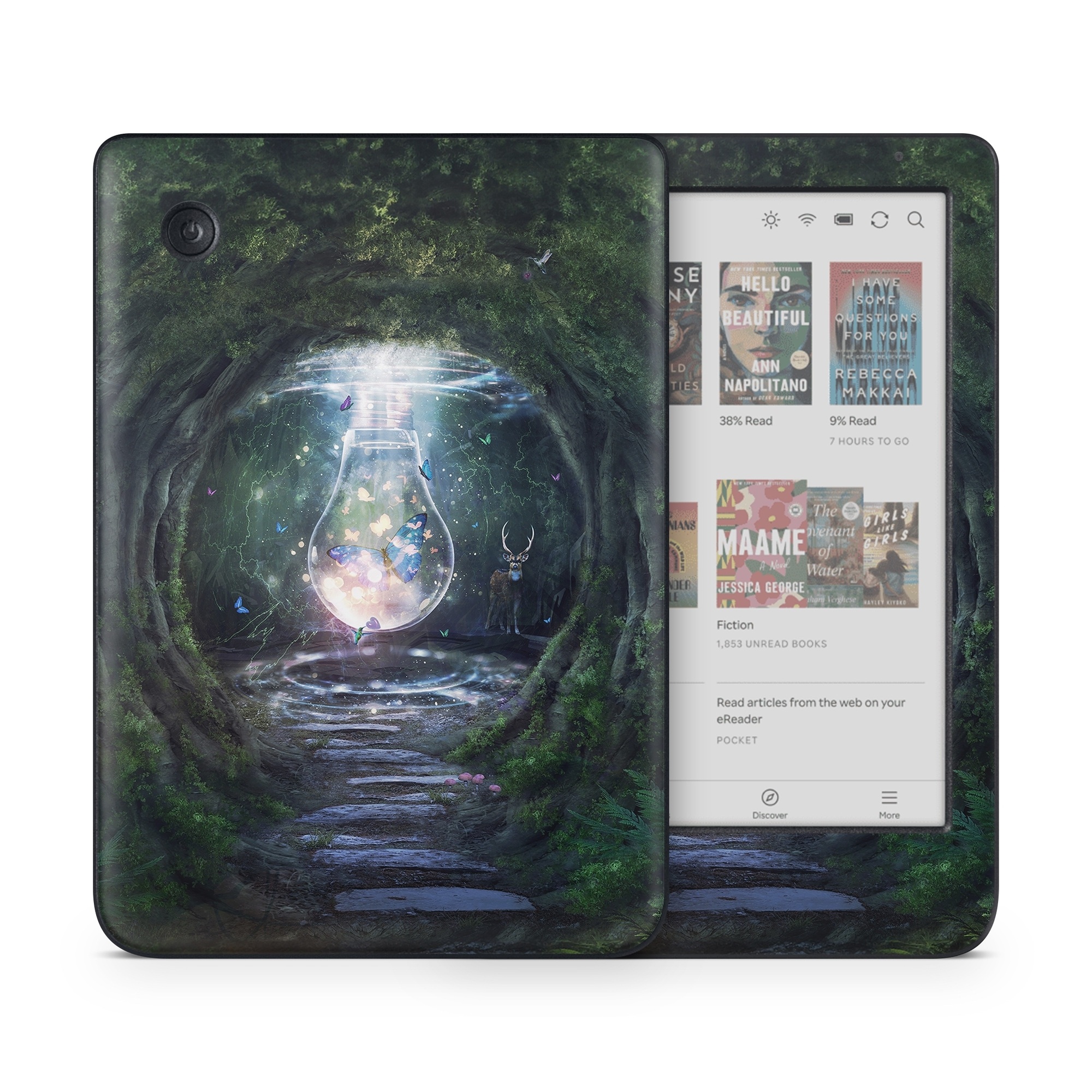 Kobo Clara Colour Skin design of Nature, Green, Darkness, Natural environment, Light, Infrastructure, Tunnel, Tree, Forest, Art, with white, black, brown, green, blue, yellow colors