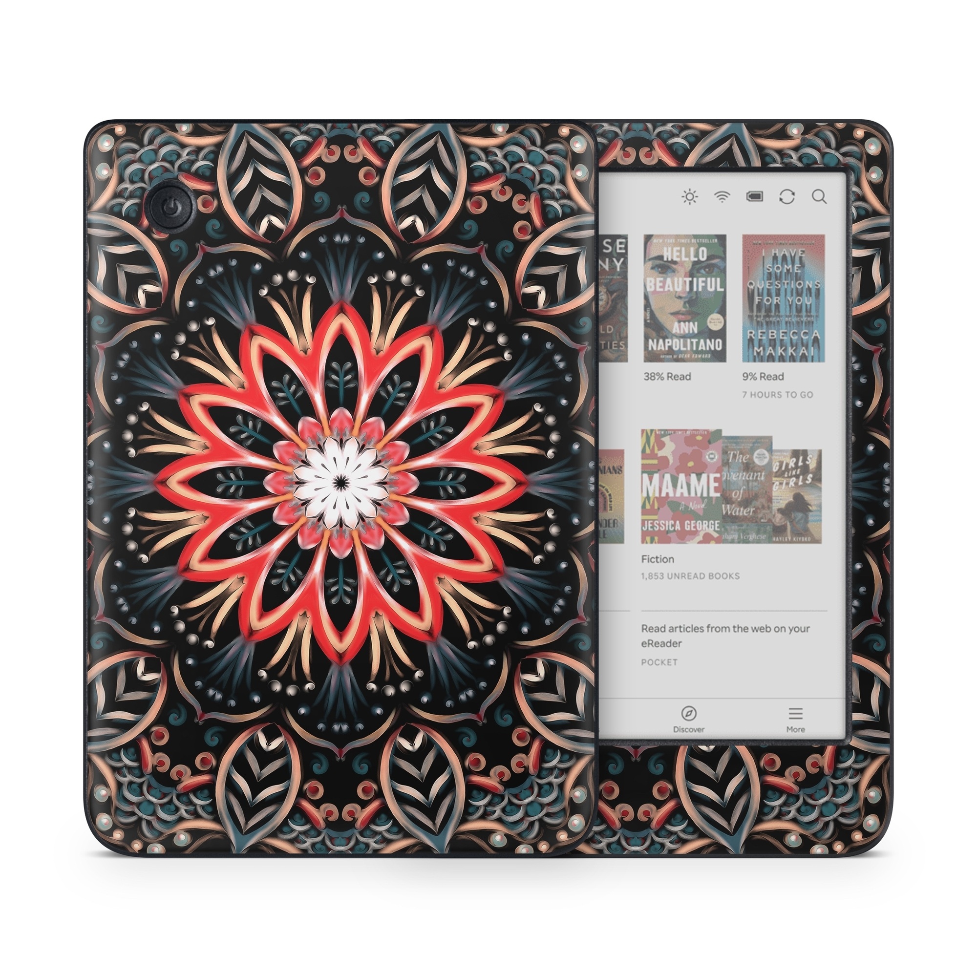 Kobo Clara Colour Skin design of Pattern, Psychedelic art, Symmetry, Design, Art, Visual arts, Textile, Kaleidoscope, Fractal art, Ornament, with black, red, white, blue, yellow, orange colors