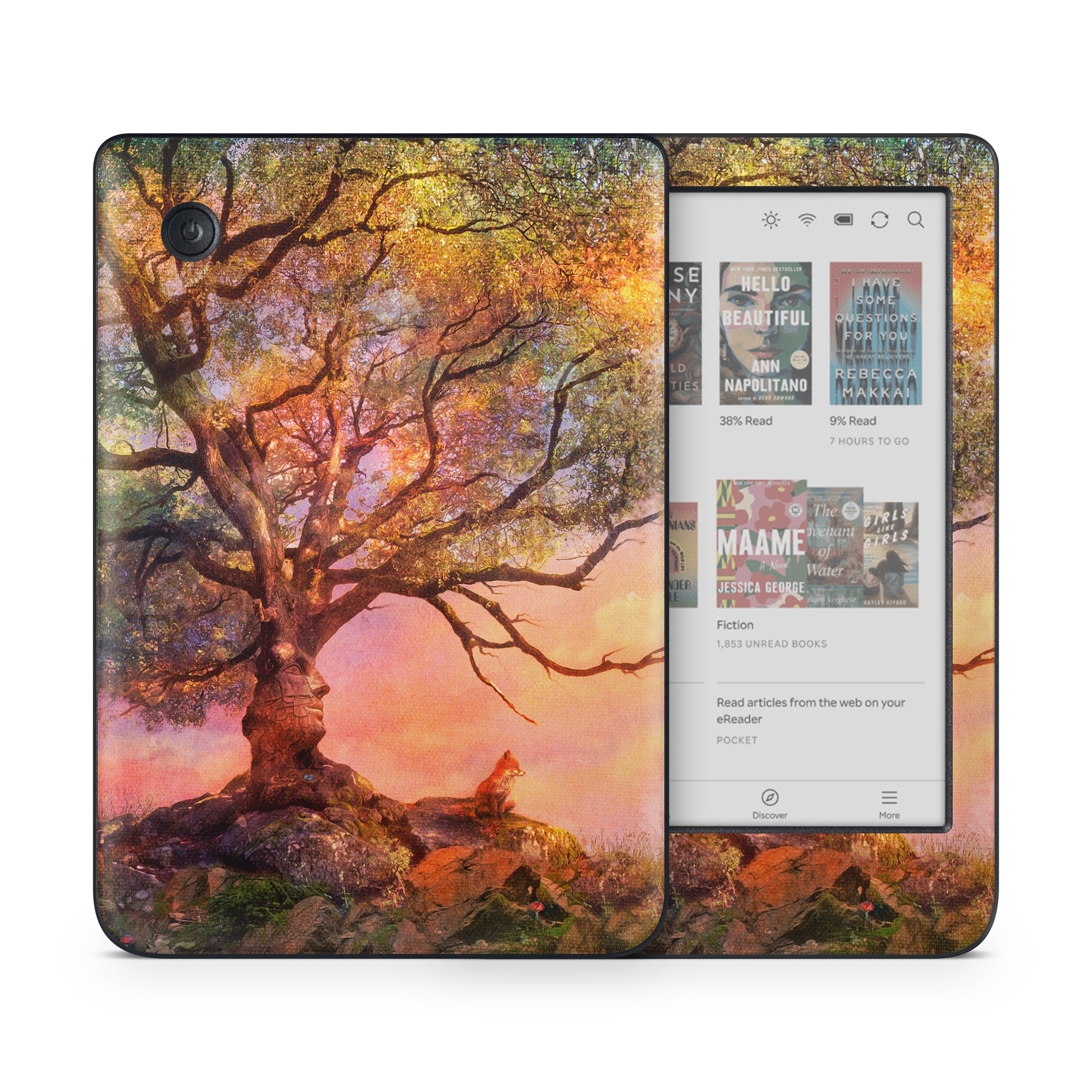 Kobo Clara Colour Skin design of Nature, Tree, Sky, Natural landscape, Branch, Leaf, Woody plant, Trunk, Landscape, Plant, with pink, red, black, green, gray, orange colors